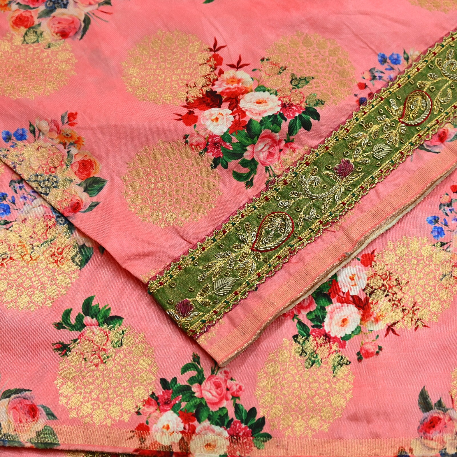 Vintage Peach Sarees Hand Embroidered Woven Brocade Sari Fabric 6Yd Sewing Dabka