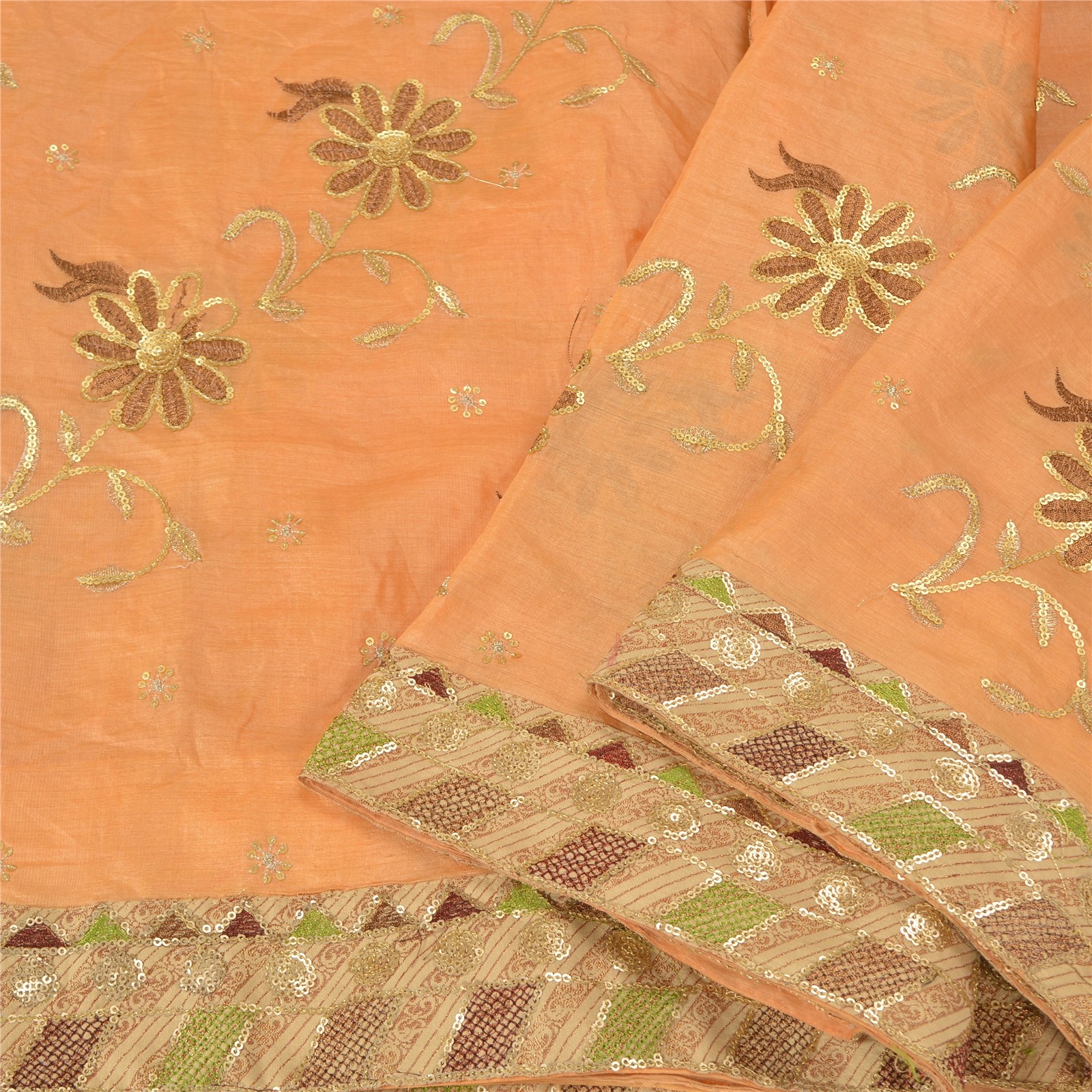 Sanskriti Vintage Peach Sarees Pure Silk Embroidered Premium Sari Craft Fabric
