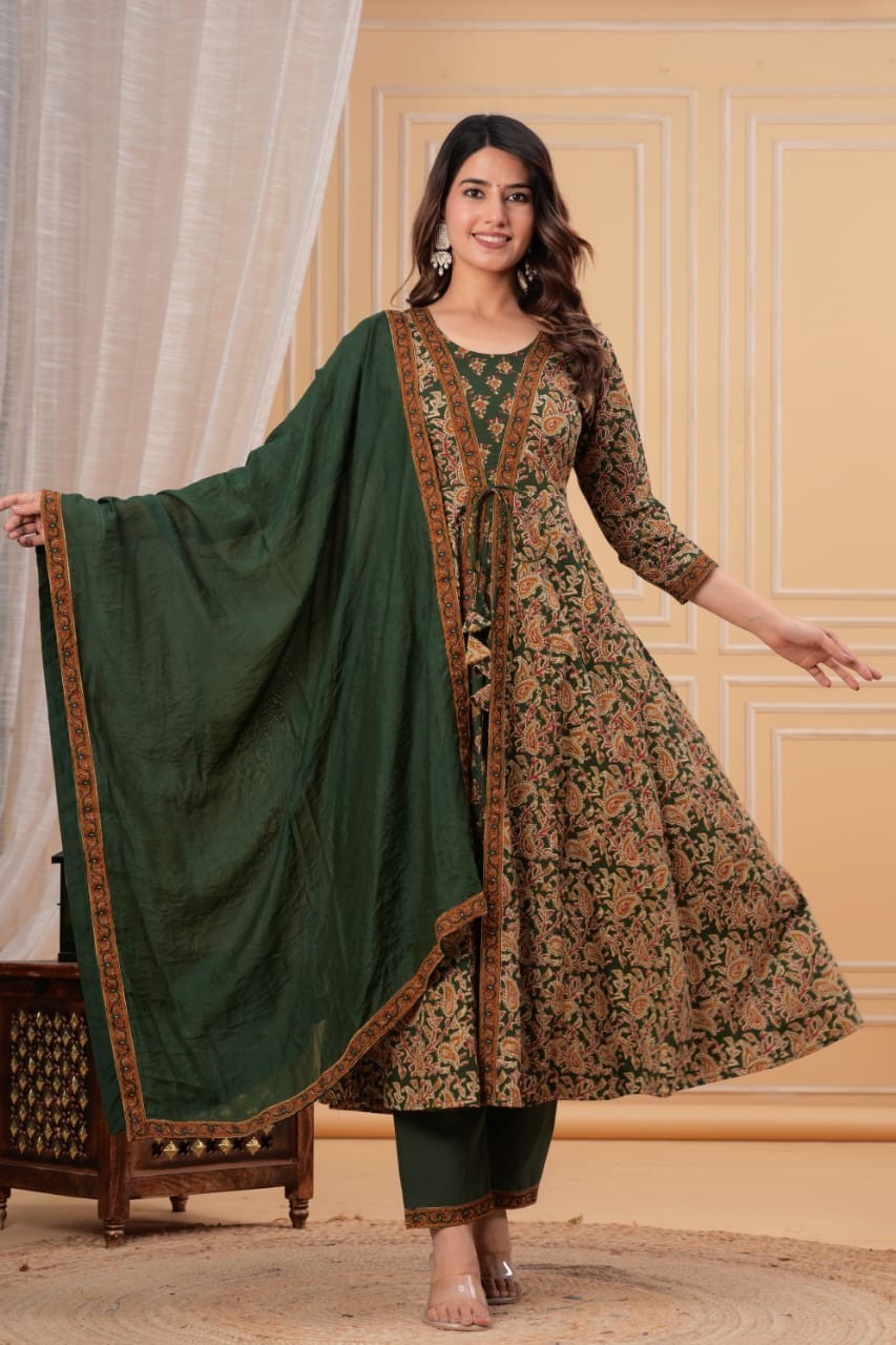 Cotton Anarkali Kurta Set for Women | Floral Printed Kurta Pant Dupatta Set