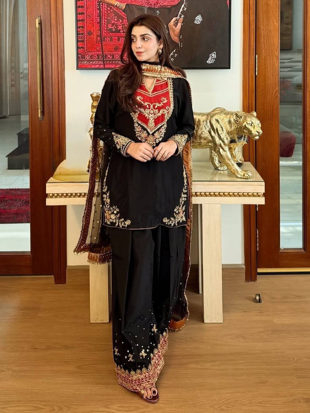 New Collection Black Maska Cotton Kurta Palazzo With Net Dupatta For Women