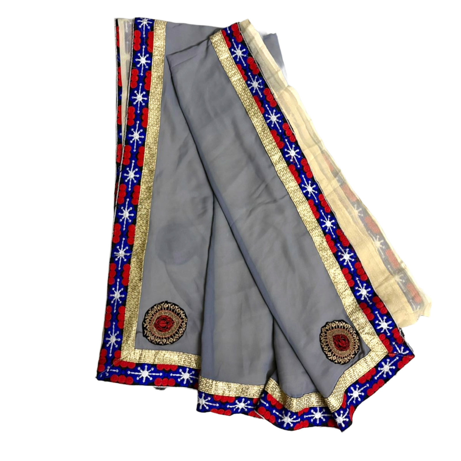 Solid Gray & Beige Dress Indian Vintage Sari Used Crafted Material Scrap Saree