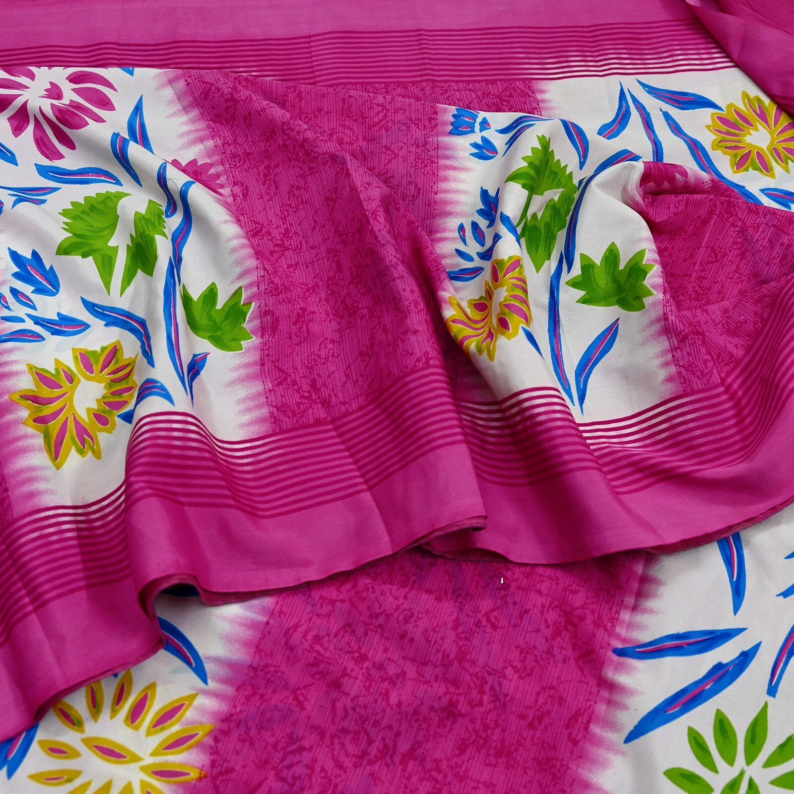 Vintage Sari Ivory & Pink Moss Crepe Printed Sarees 5yd Craft Fabric Sewing Soft
