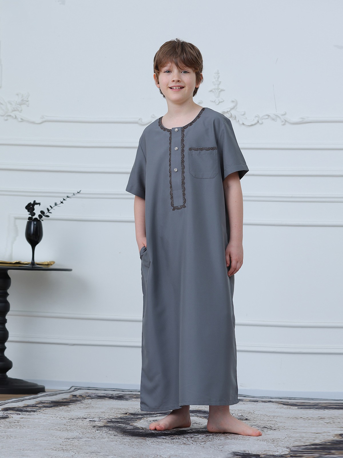 Saudi Arab Boys Thobe Jubba Long Sleeve Abaya Coat Simple Button Daily Wear Eid