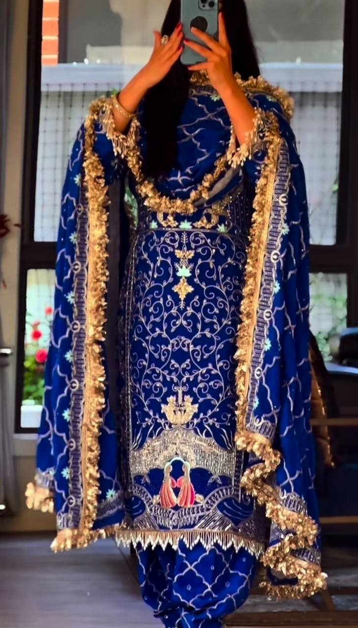 Stunning Blue Natural Crepe Top Dhoti With Dupatta For Women Functional