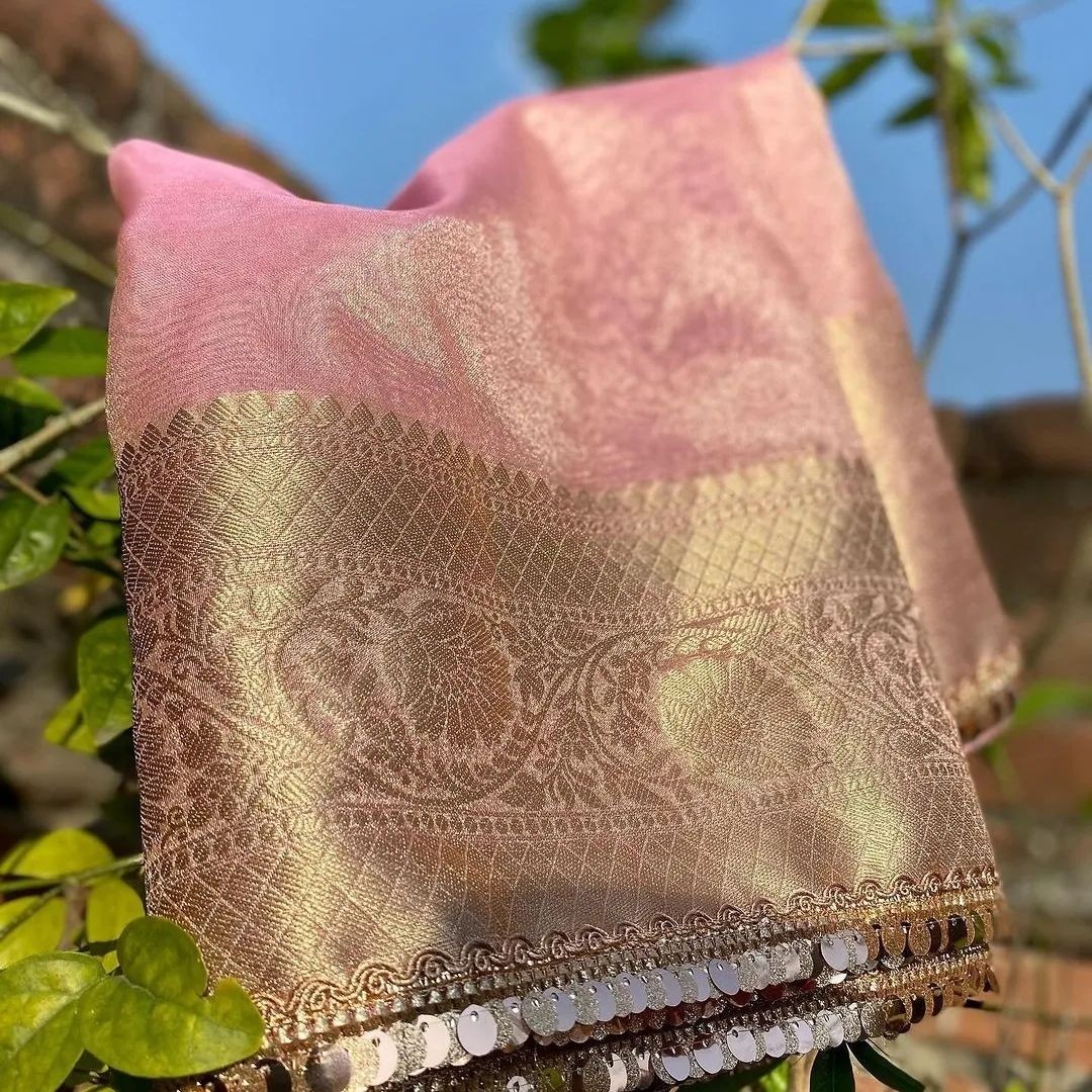 Women Pink Tissue Silk Banarasi Saree with Lace Work & Unstitched Blouse Piece