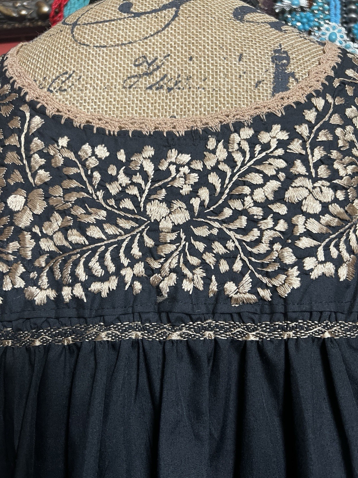 Stunning Oaxaca Mexico Black Sleeveless Gold Silk Embroidery & Tan Crochet M/L