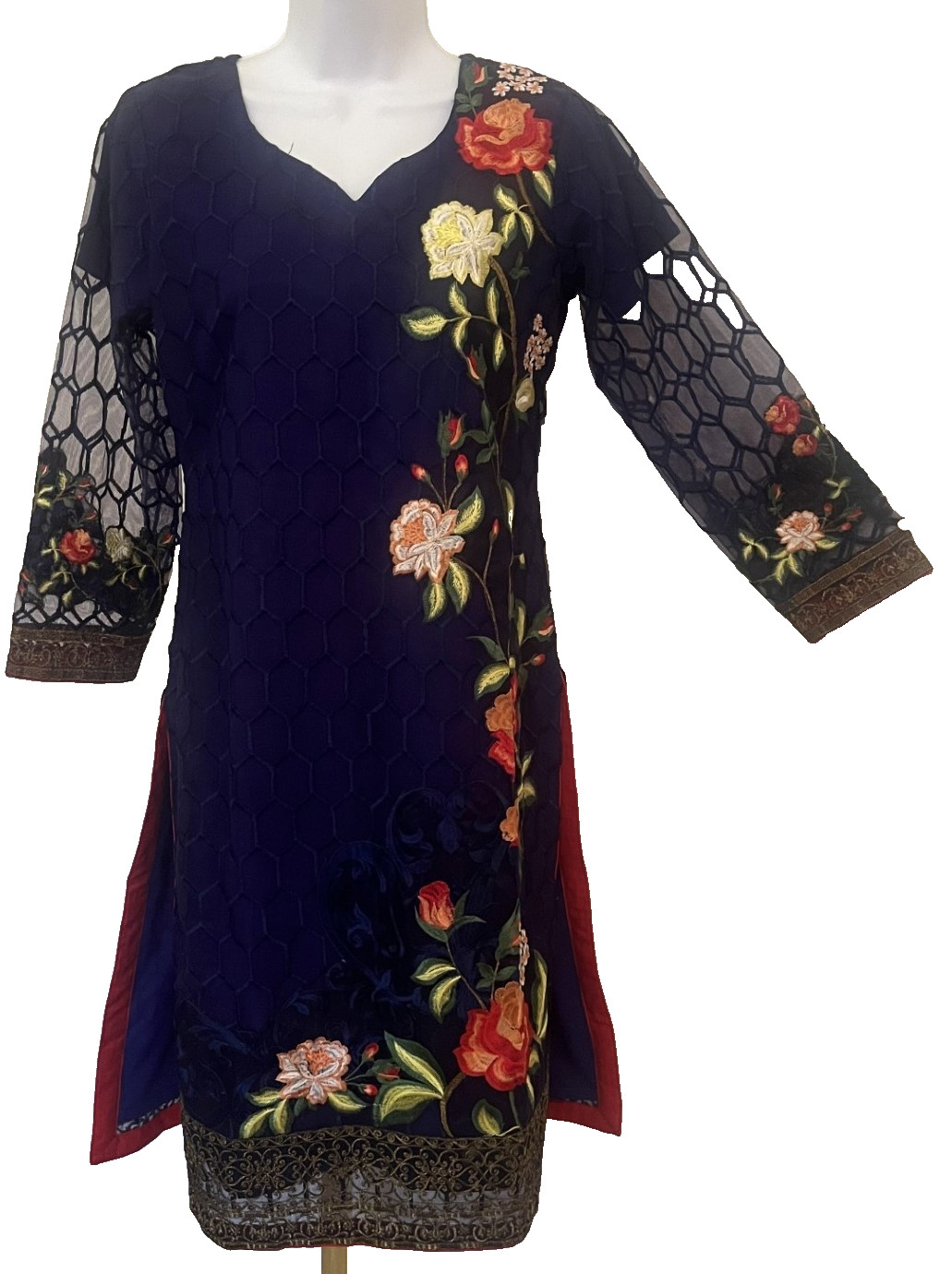 Girl’s New Pakistani Indian Navy blue net organza kurti tunic top shirt Small