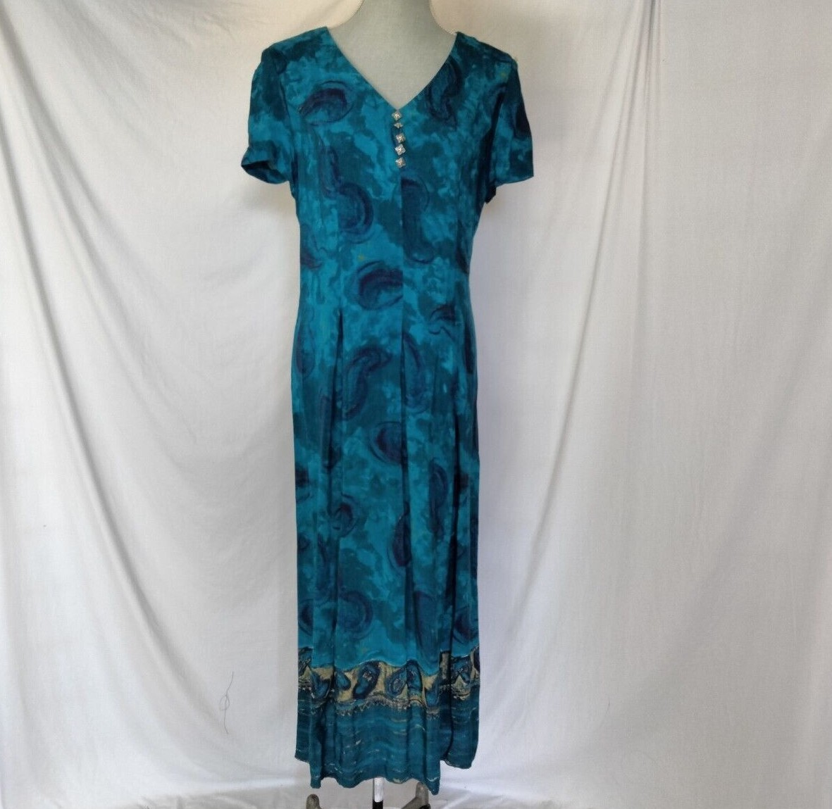 Vintage Positive Attitude fitted Comfy V neck short sleeves Black/Teal dress 8