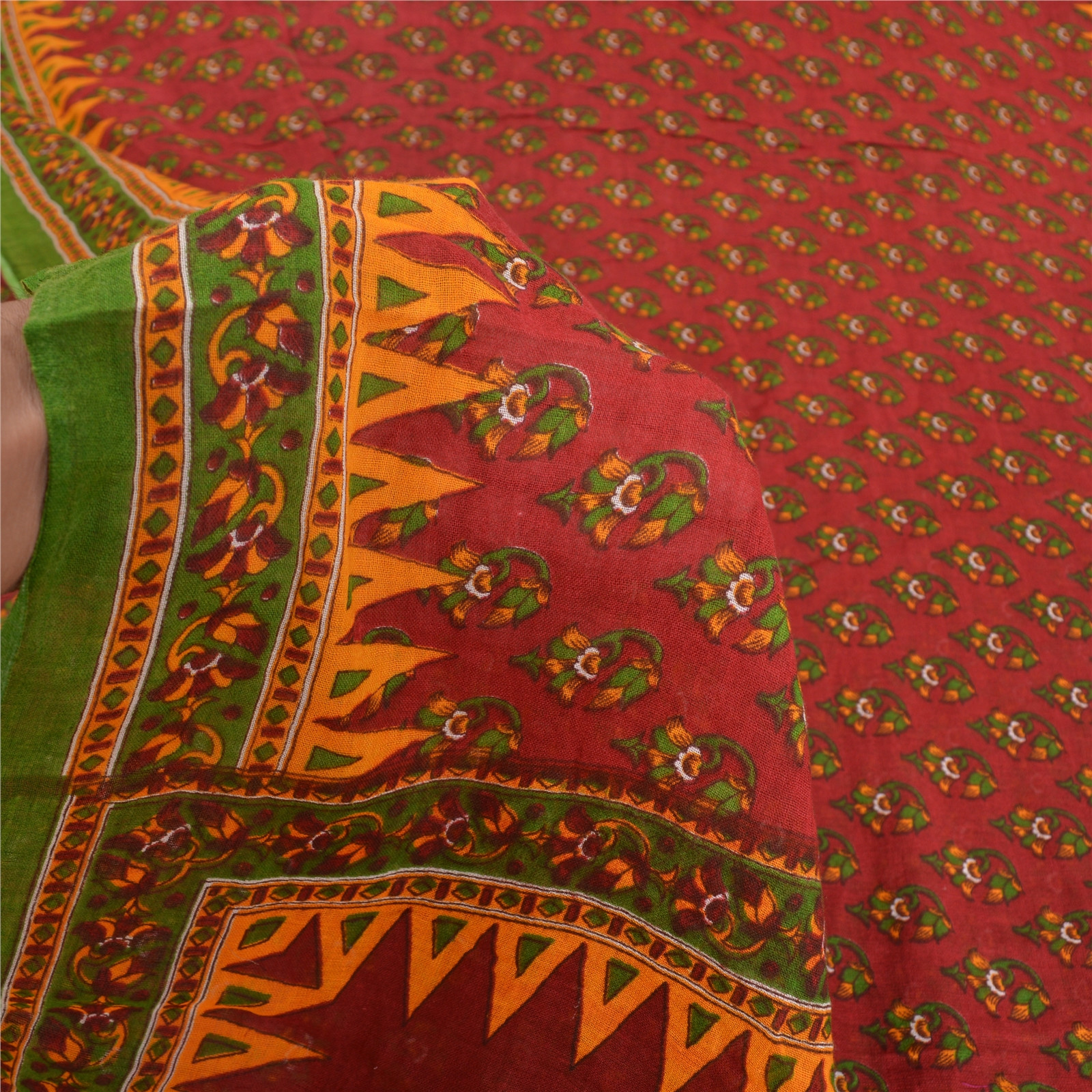 Sanskriti Vintage Sarees Dark Red 100% Pure Cotton Printed Sari 5Yd Craft Fabric