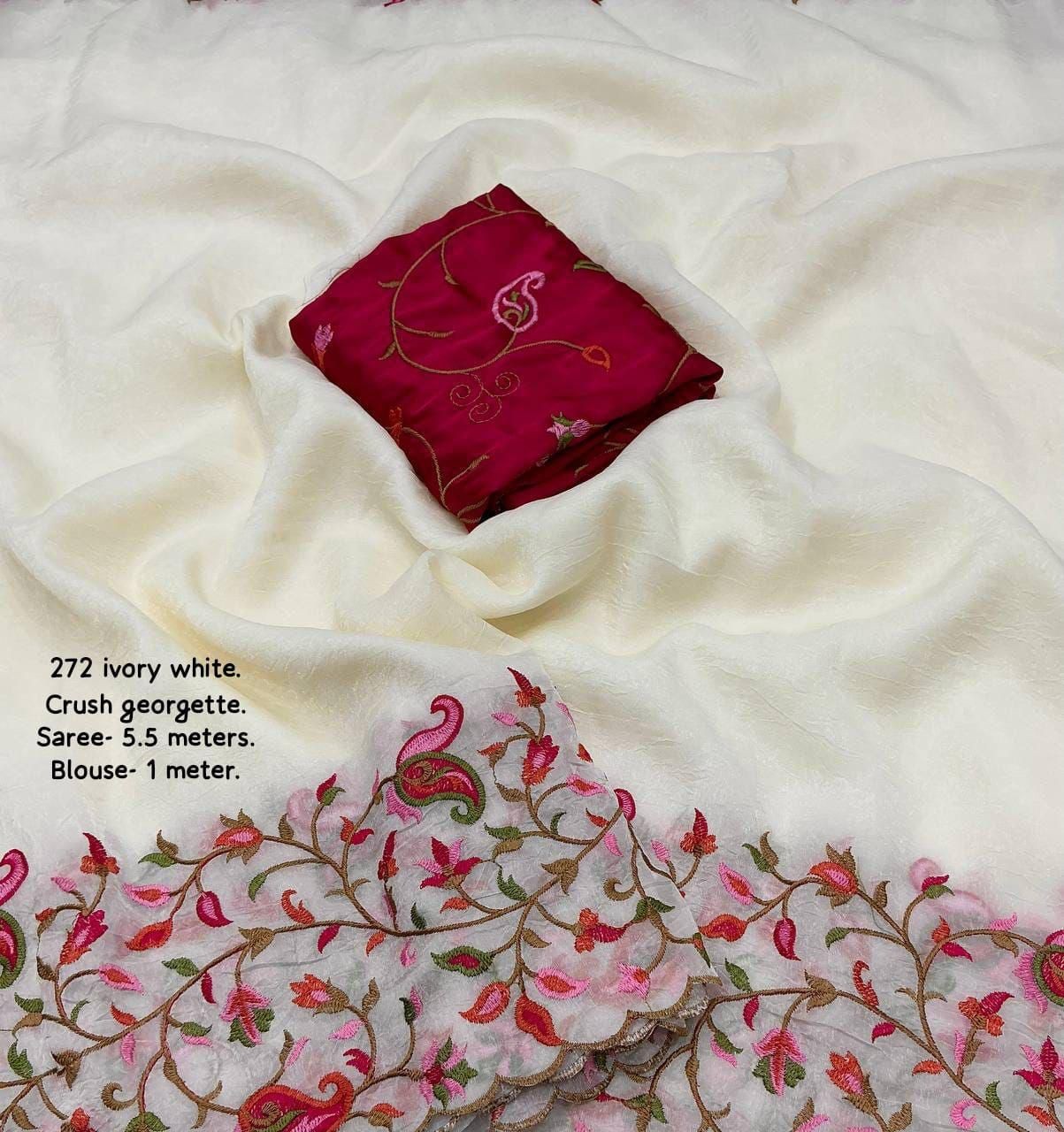White Color Flower kashmiri style emboridary Cut Work Georgette Crush Saree Sari