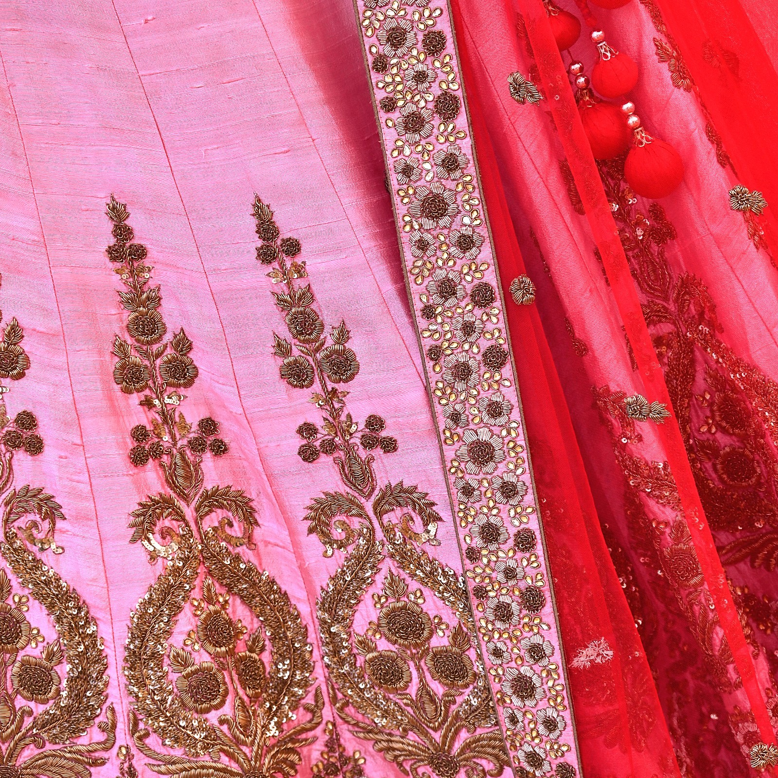 Indian Heavy Pink Red Raw Silk & Net Hand Embroidered Designer Lehenga 3pcs Set