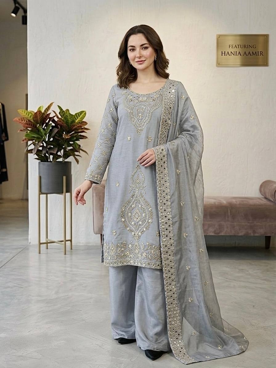 Indian Look Heavy Silk Gray Top Palazzo With Dupatta For Wedding Wear