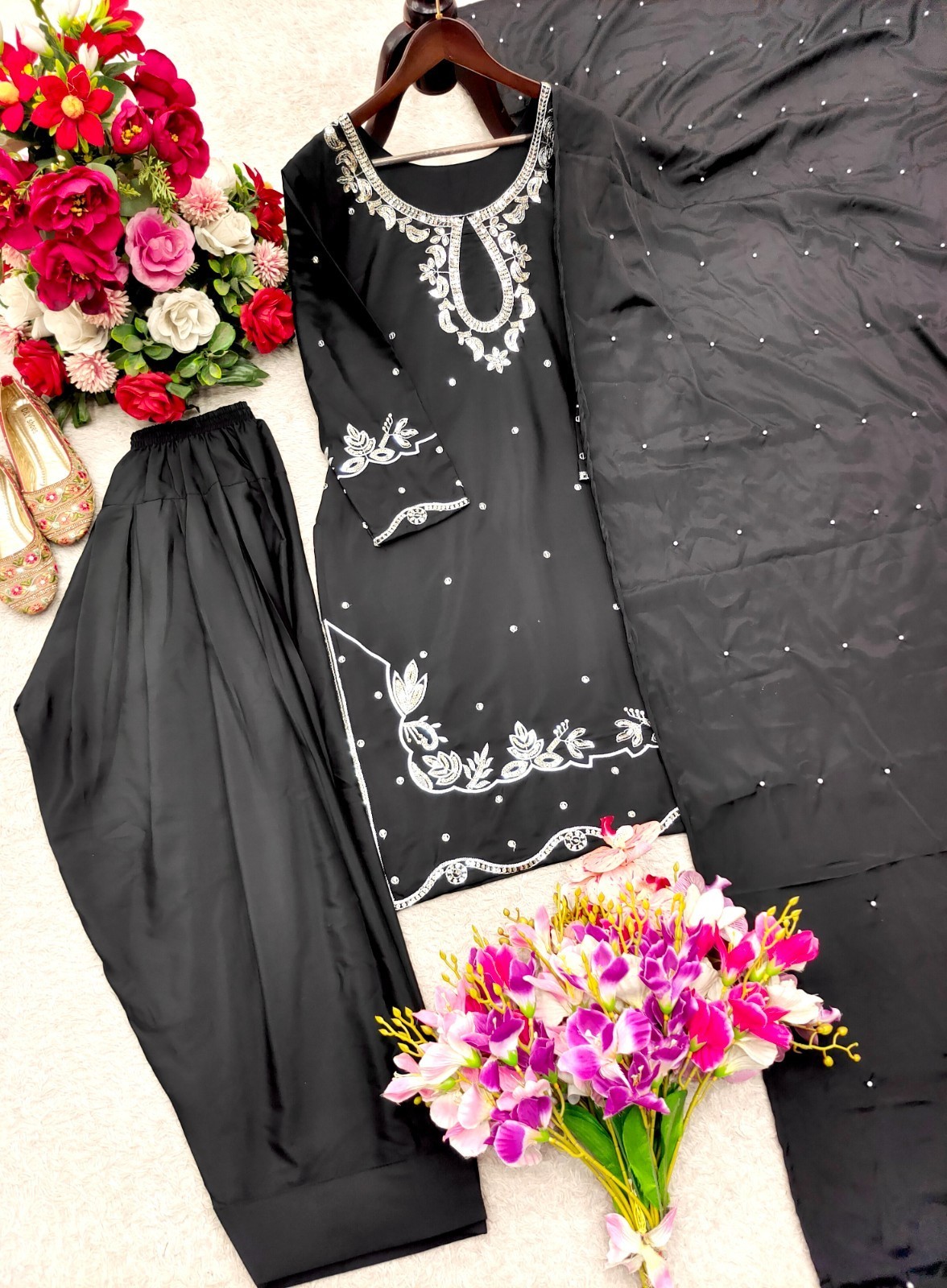 Women Readymade Natural Satin Farshi Palazzo Pakistani Party Wear Suit
