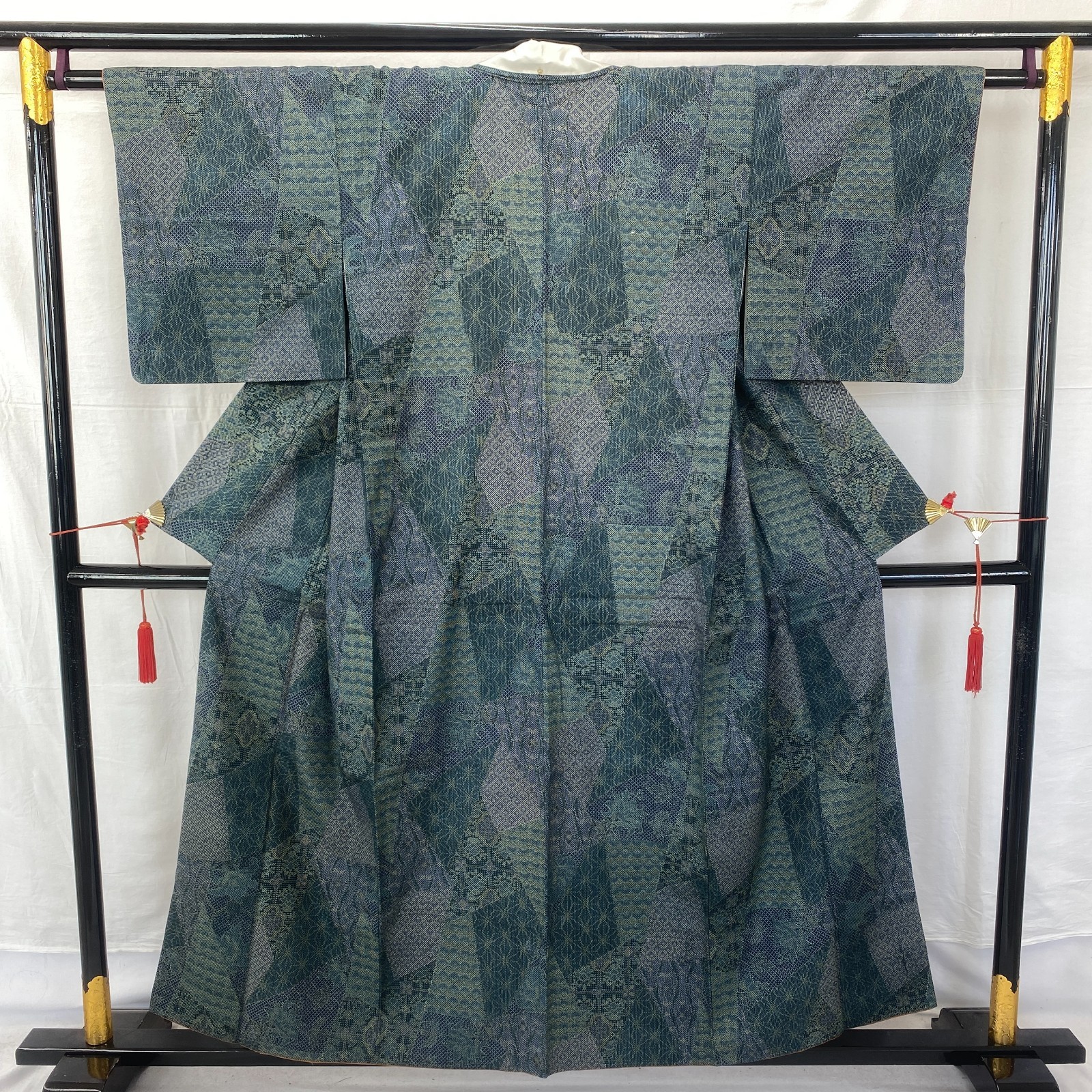 Japanese Vintage Kimono Silk Blue Tumugi Traditional Authentic Length 60 in