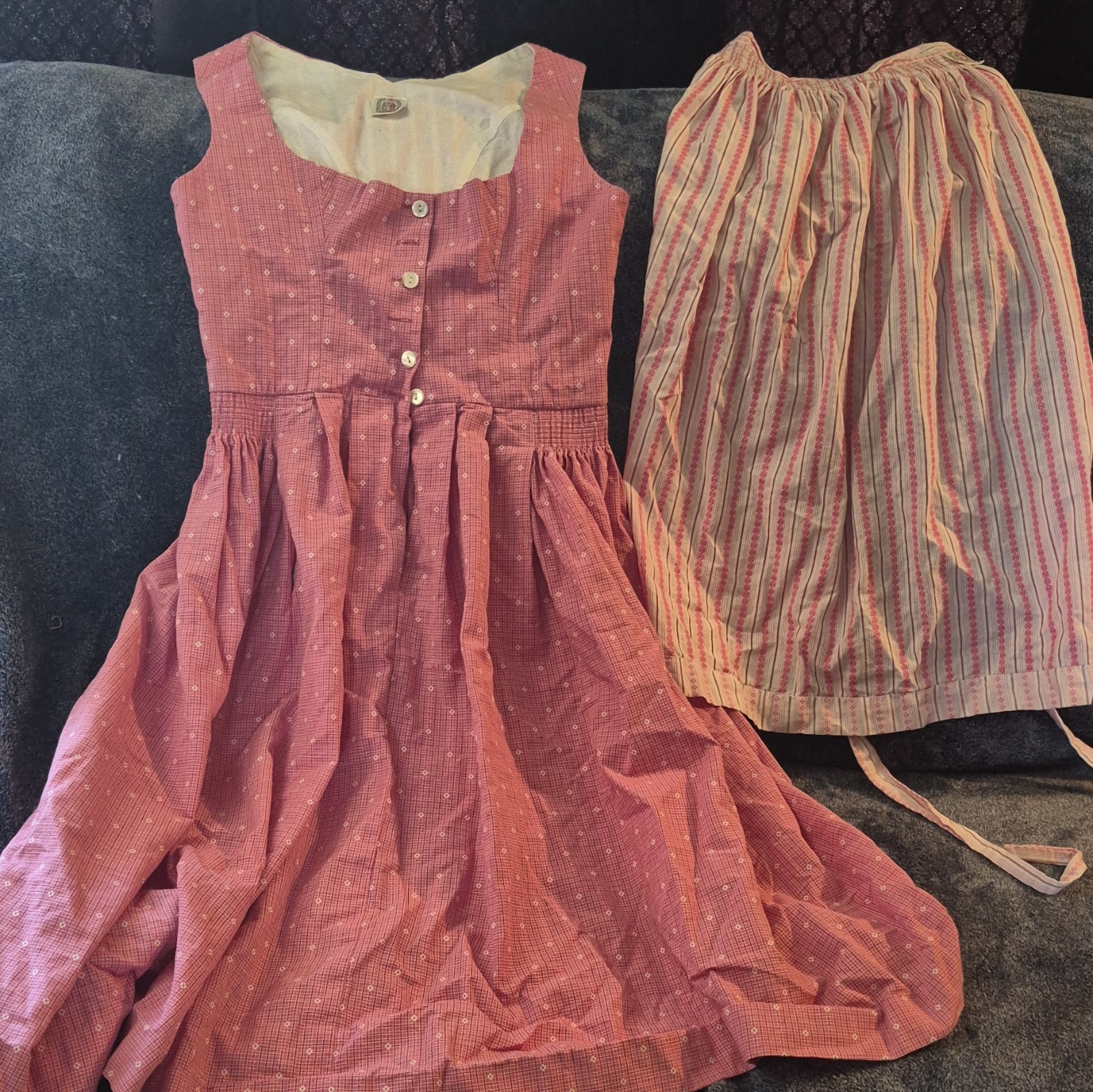 Chiemseer Dirndl Trachten Pink Cotton Woven Dirndl Dress w/ Striped Apron 42