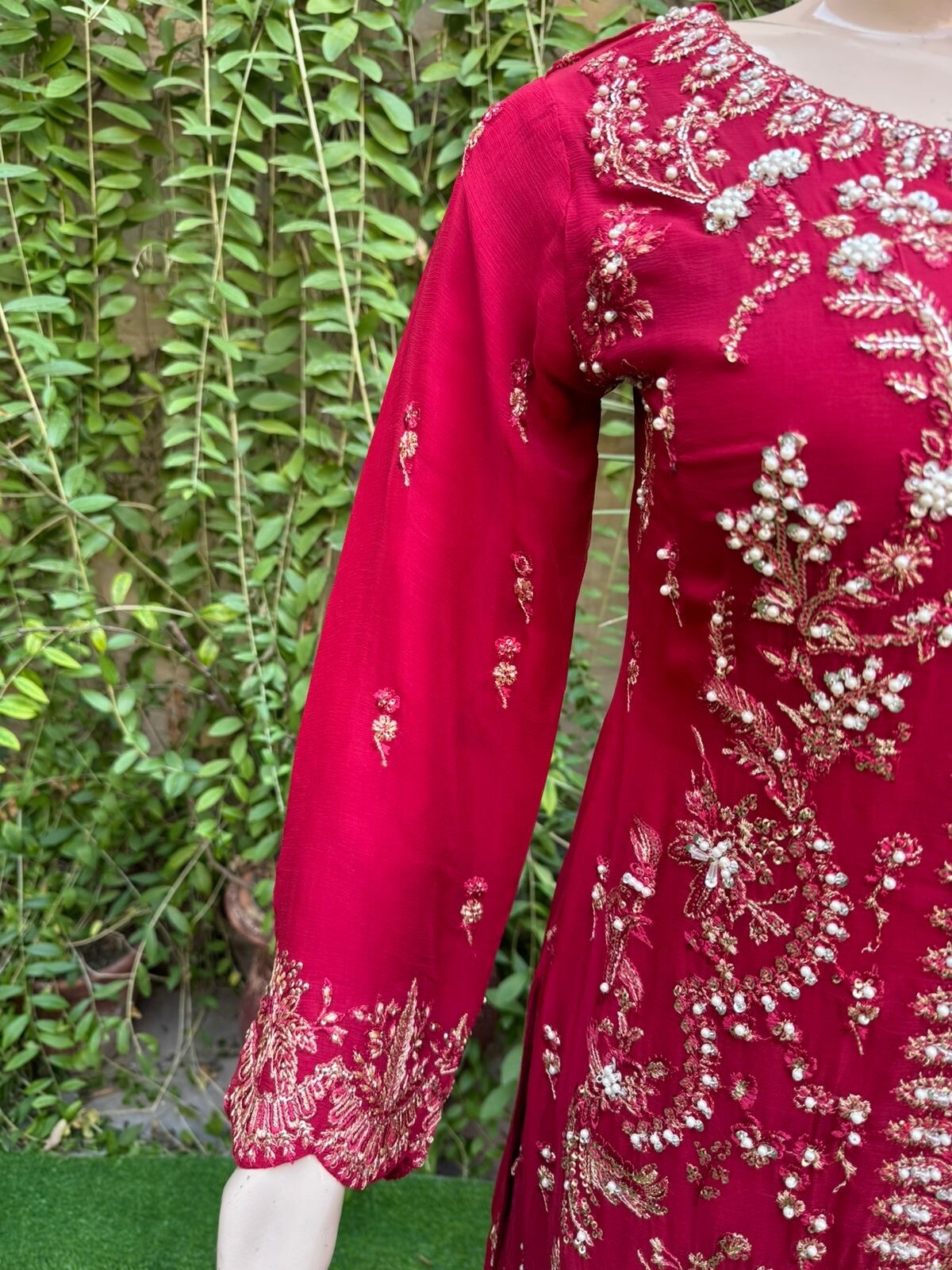Pakistani Red Straight Style Embroidered Sequins Chiffon Sharara Dress,M#2