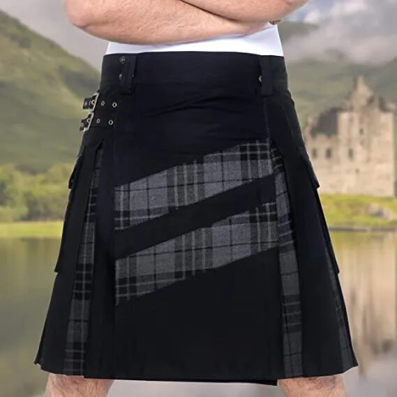 Orologio da uomo moderno ibrido in cotone e tartan grigio con kilt di design a s