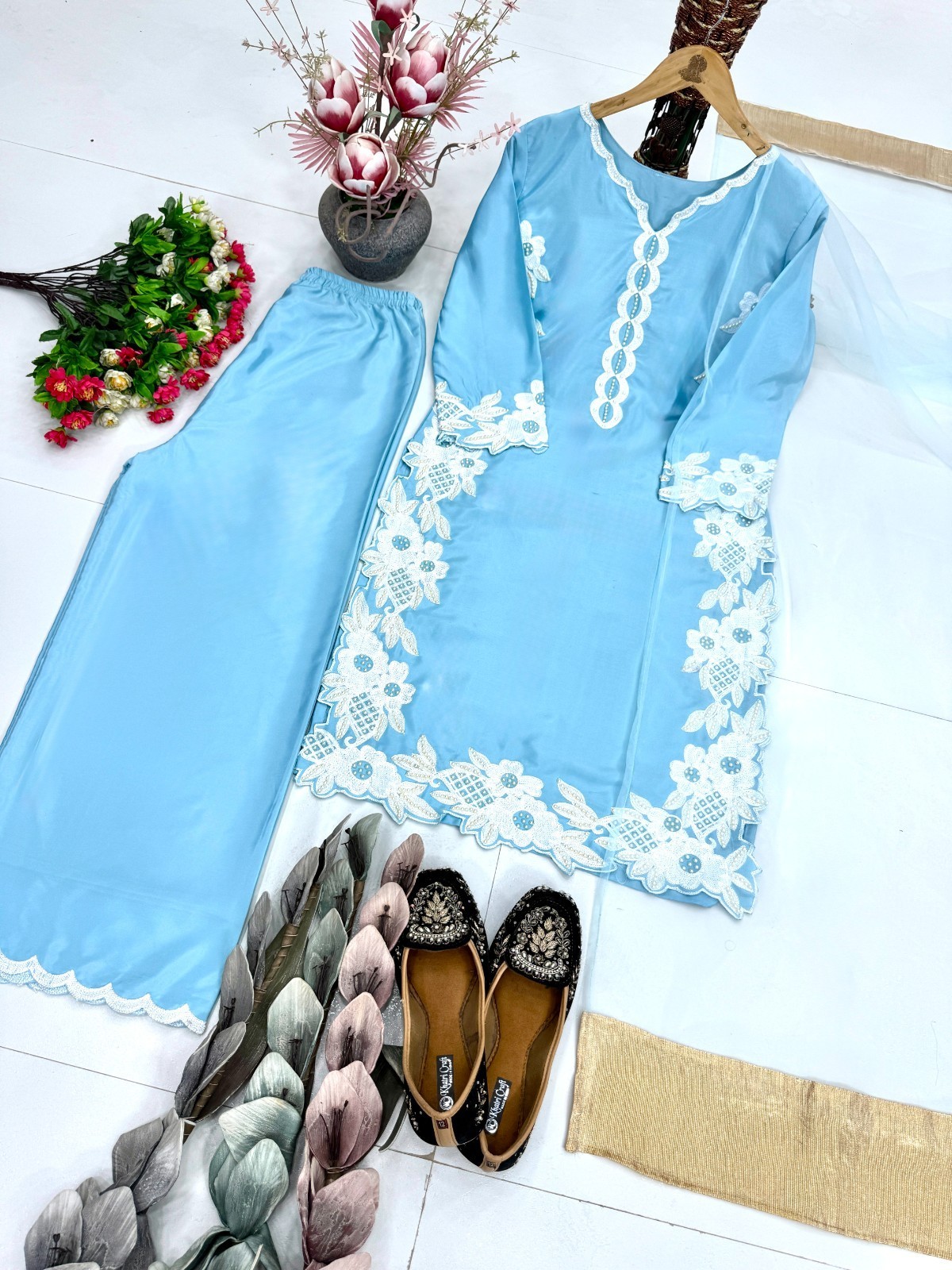 Latest Heavy Natural Silk Skyblue Top Lehenga With Dupatta For Functional Wear