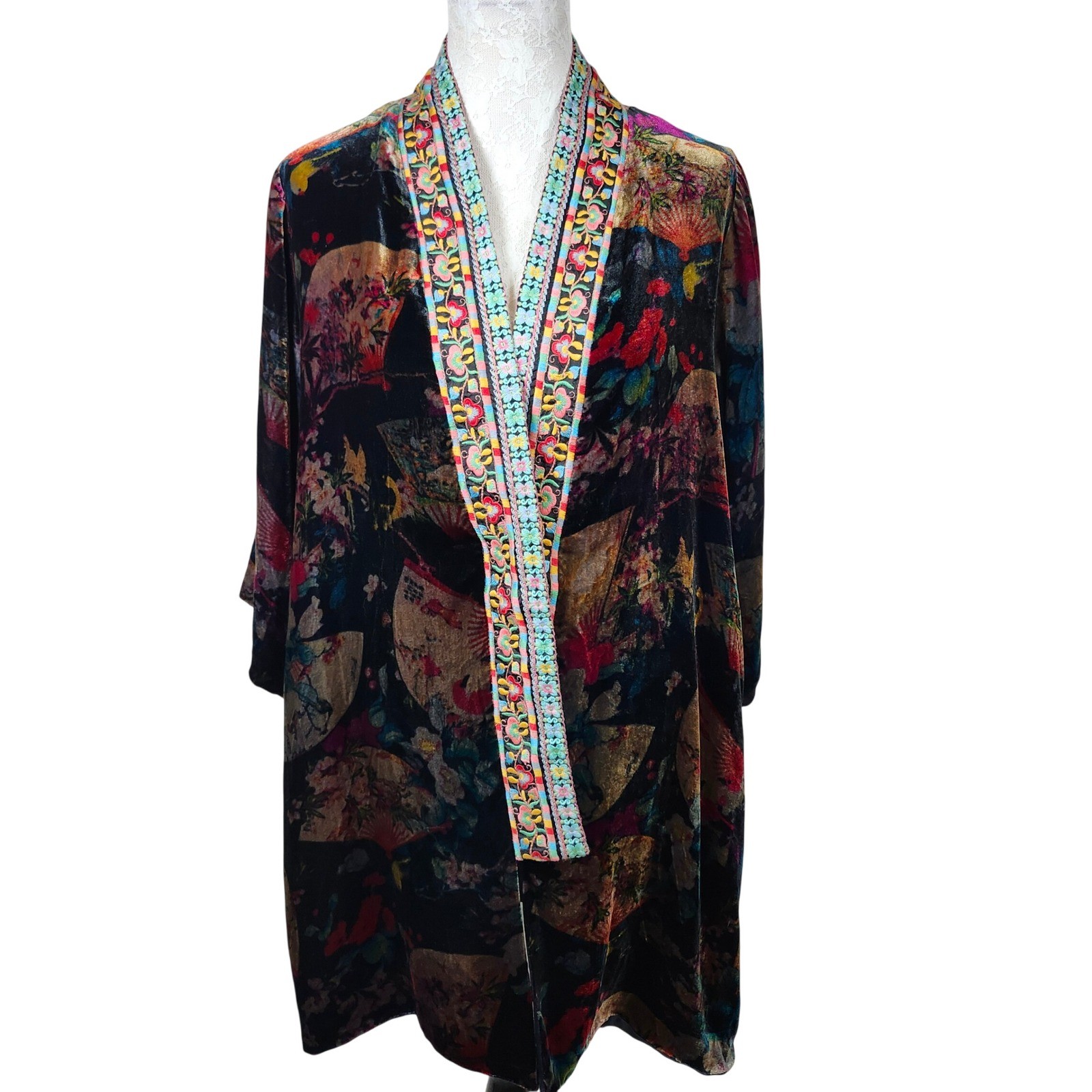Johnny Was Reversible Silk Blend Kimono Jacket Floral Velvet Trim XS