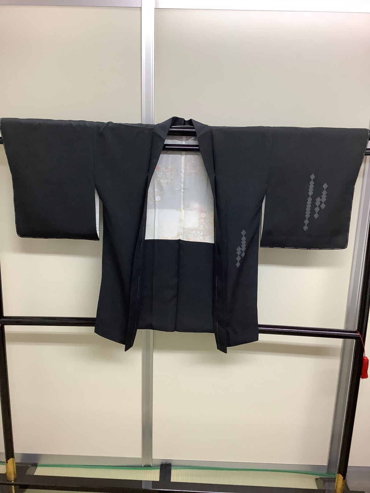 Japanese Vintage Kimono Haori Jacket polyester black flower Height 33.4inch