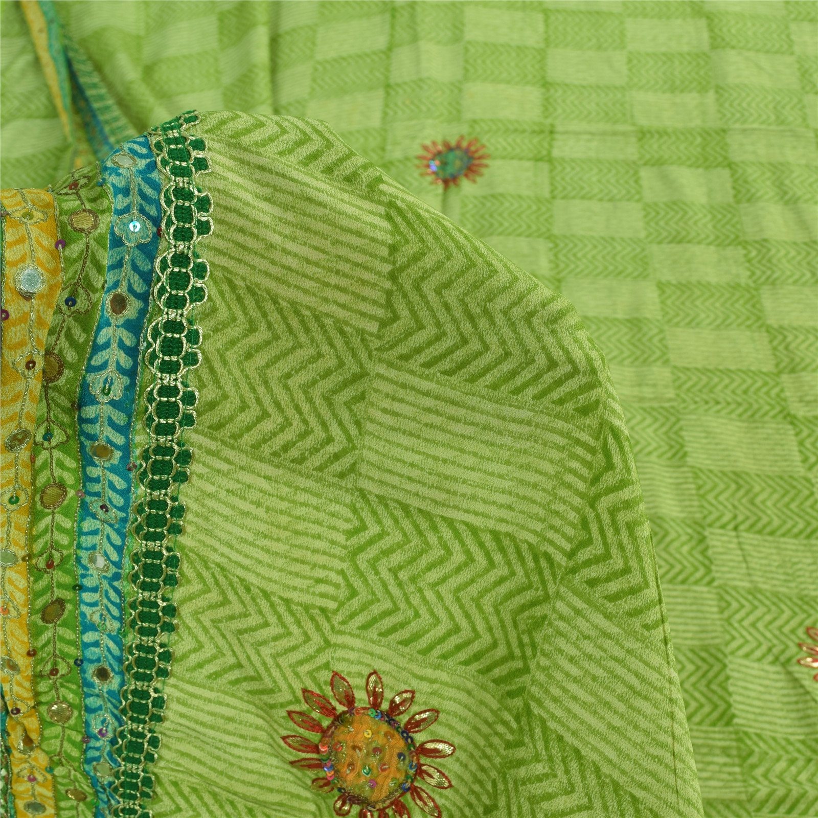 Sanskriti Vintage Saree Green Pure Crepe Hand Embroidered-Gota Patti Print Sari