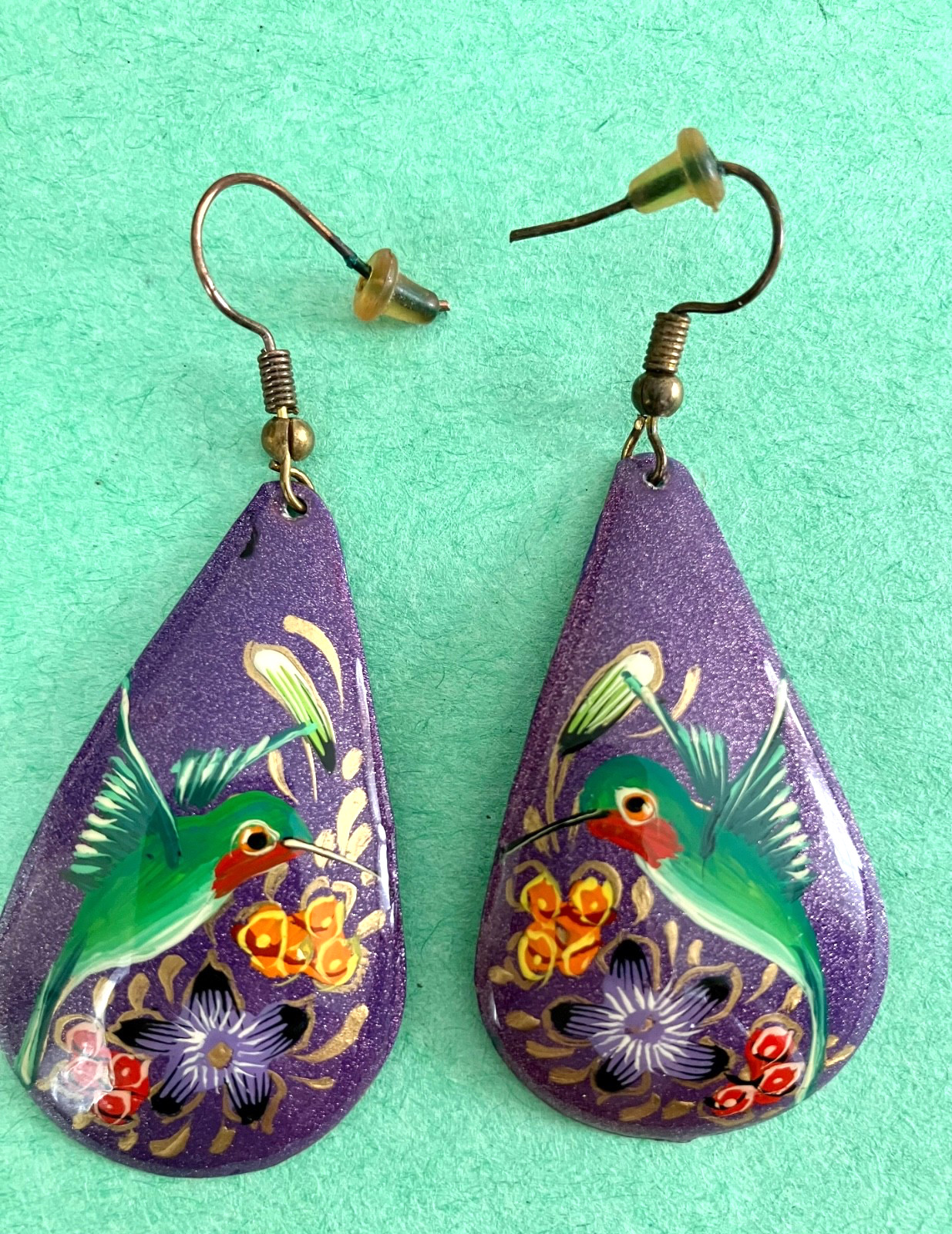 Handmade Hand Painted on Copper Hummingbird Earrings, made in Michoacan, Mexico