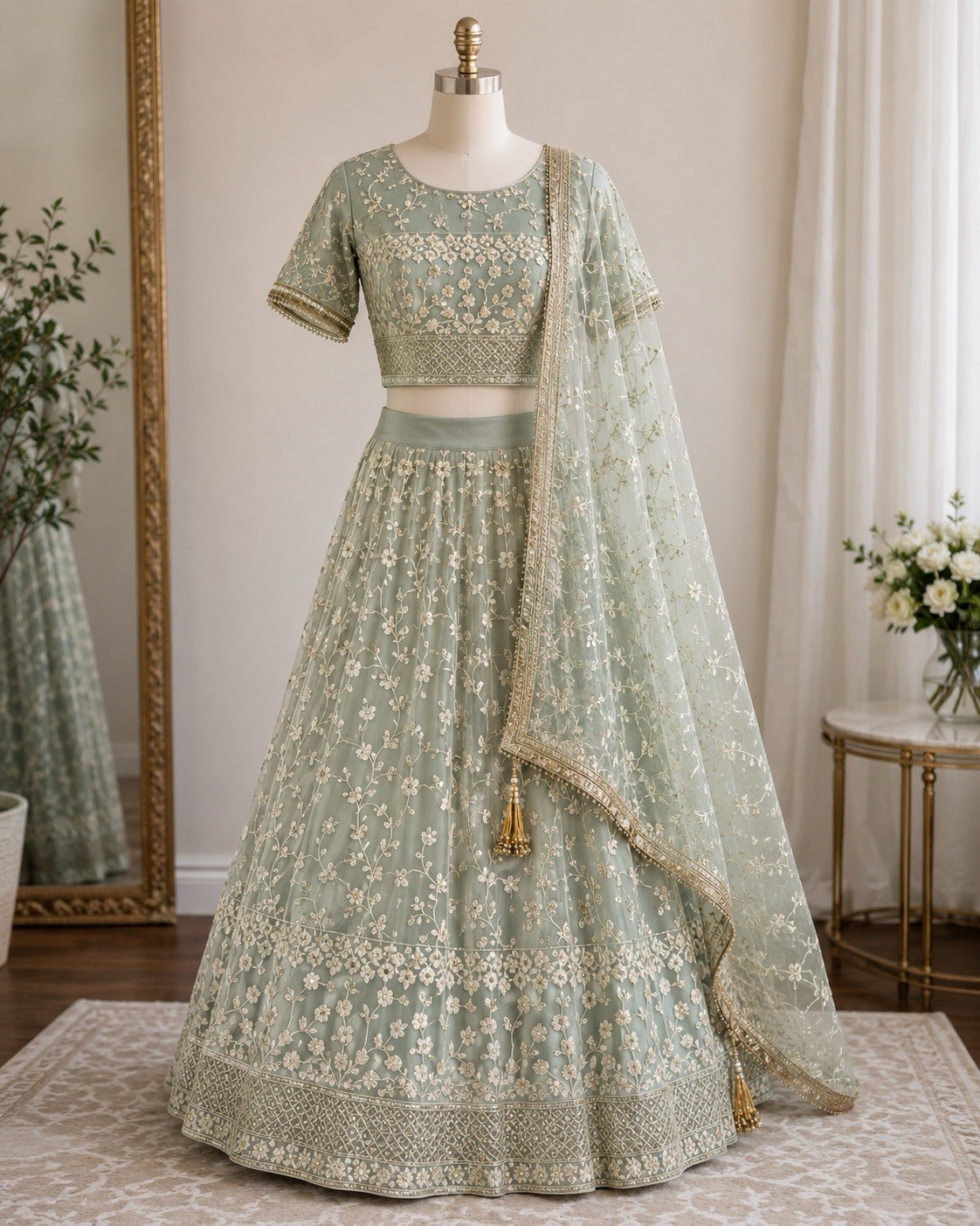 House of Indya Sage Green Embroidered Lehenga Set US 12 2XL Worn Onc