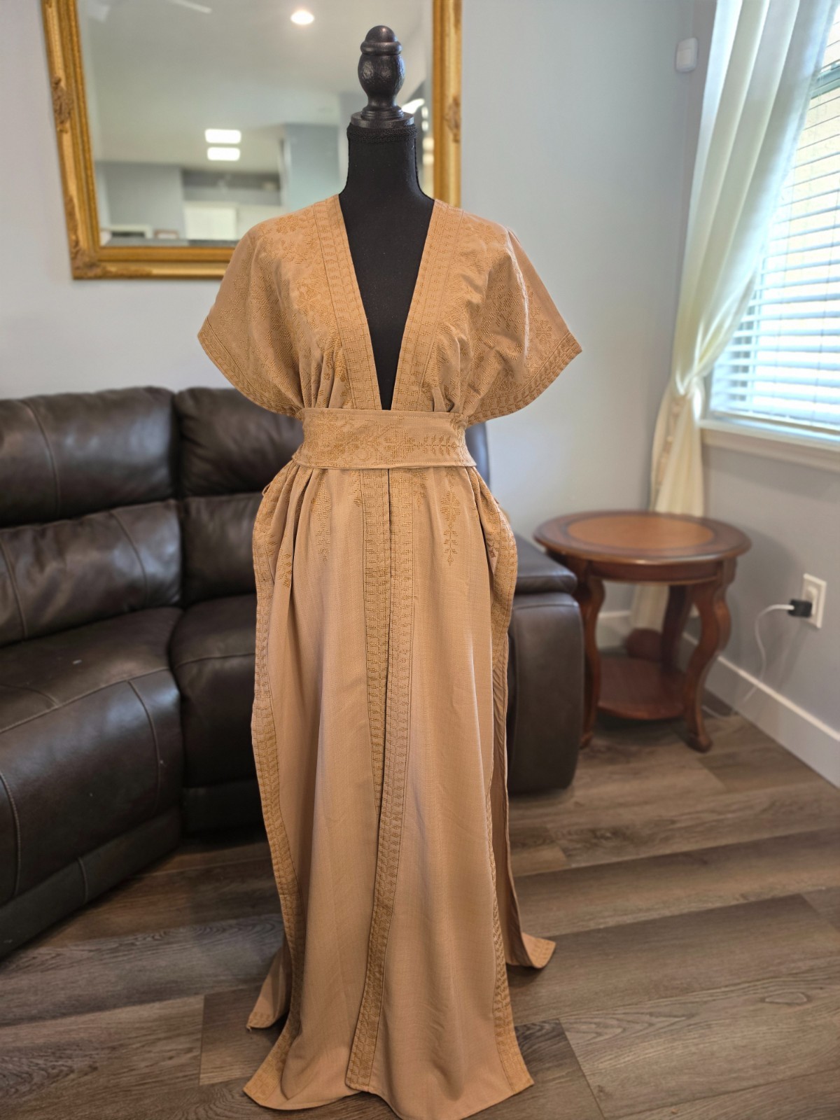 Palestinian Jordanian Beige Tatreez Abaya Thobe with Gold Embroidery & Belt