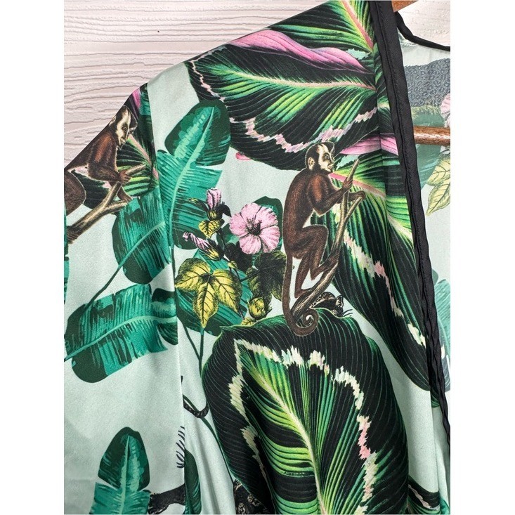 Lobo Rosa Green Tropical Leaf Jungle Monkey Satin Wrap Kimono One Size?