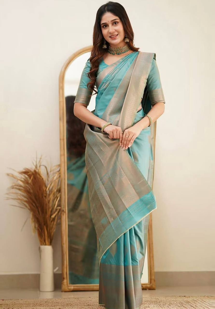 South Indian Soft Lichi Silk Saree Jacquard Weave Temple Border Sari Blouse