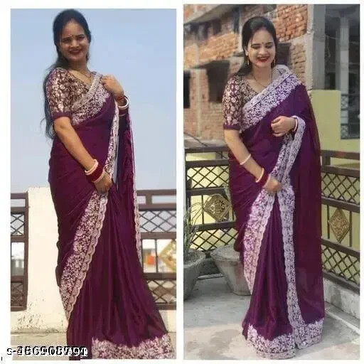 Women’s Georgette Embroidered Elegant Purple Color Sreee With Blouse