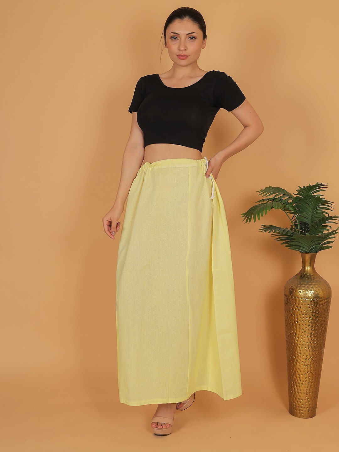 Women Lemon Yellow Cotton Inskirt Slip-On Saree Shaper with Waistband Petticoat