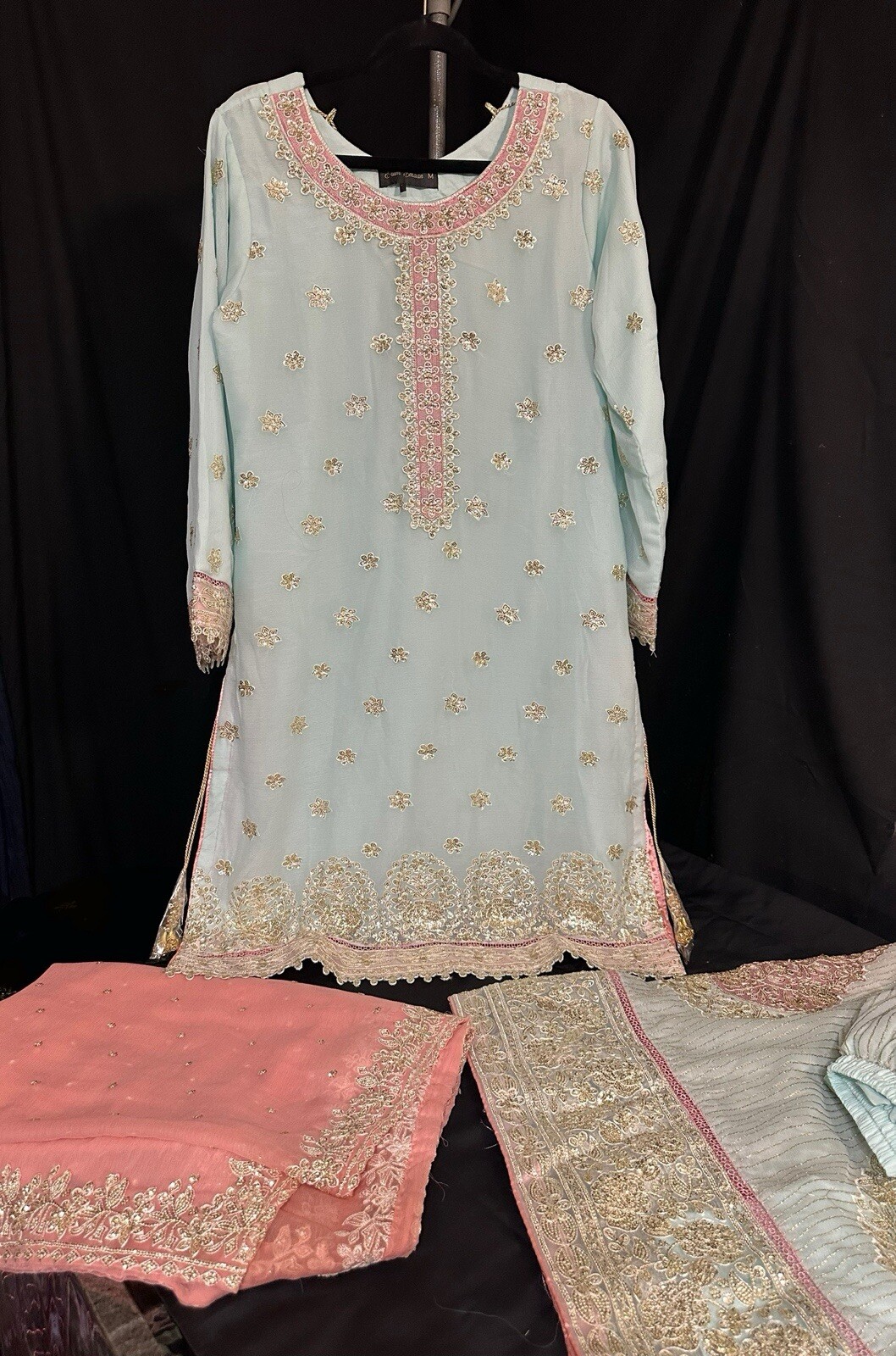 EID COLLECTION, Premium Chiffon Emb/Seq 3 Pc Plazo Suit – Large – $85