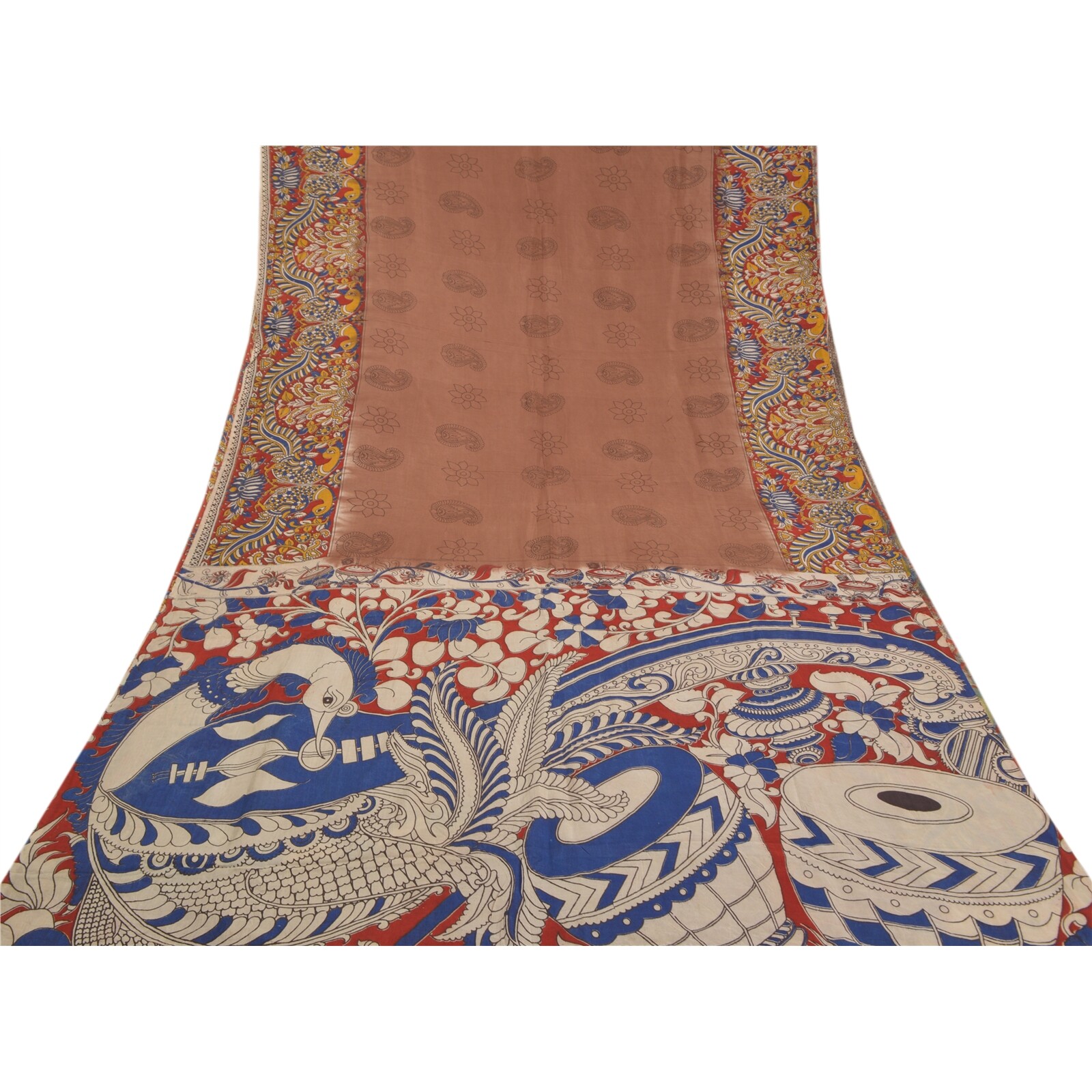 Sanskriti Vintage Brown Sarees Pure Cotton Kalamkari Peacock Sari Fabric