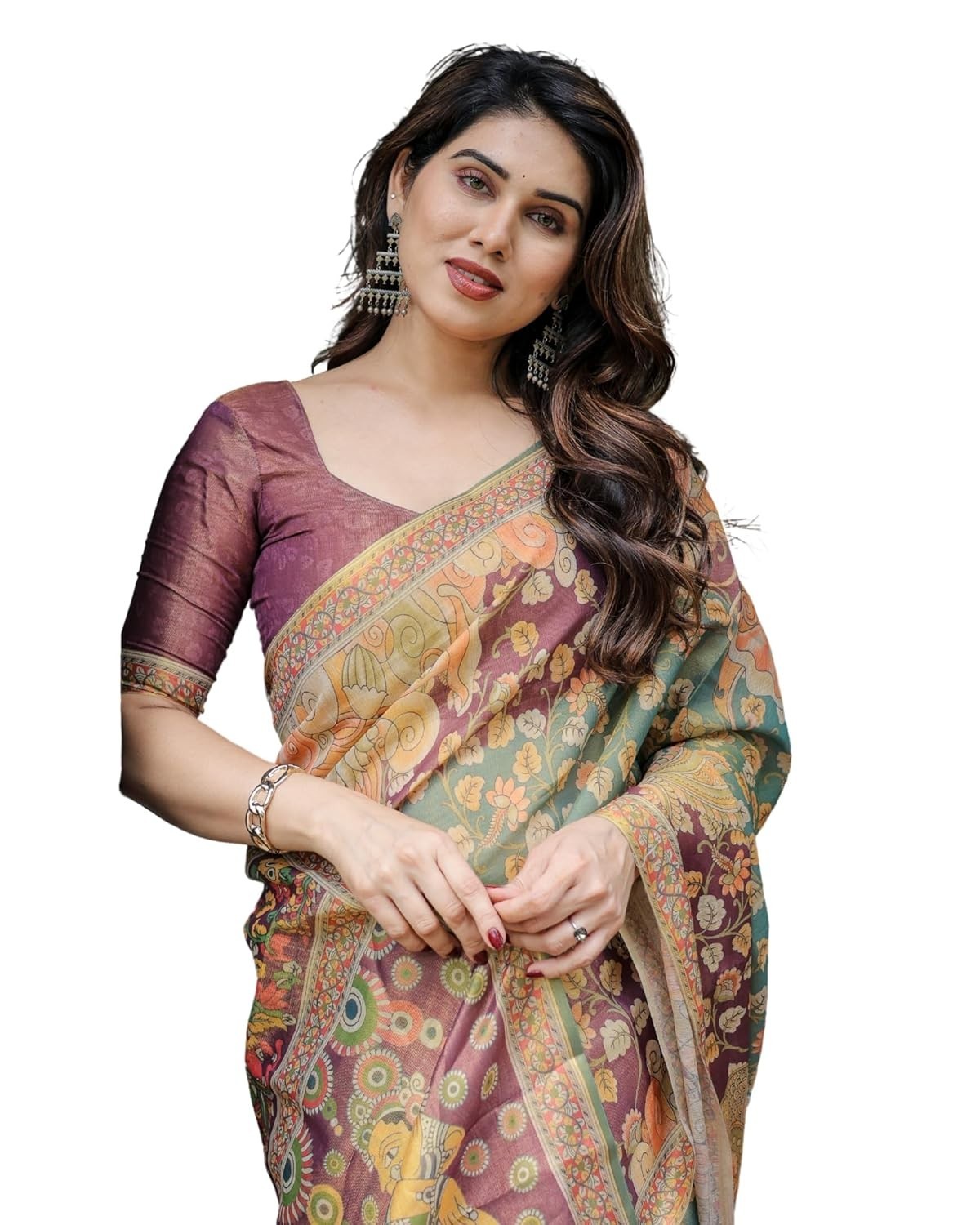 Handloom Cotton Saree, Turquoise Floral Print with Lotus Motifs, 5.5 Metres