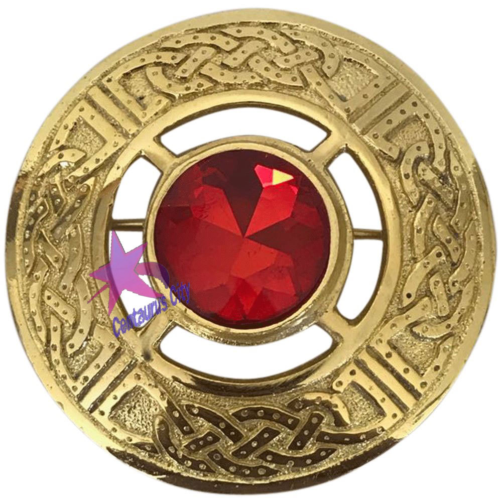 CC Kilt Fly Plaid Brooch Celtic Design Red Stone/Fly Plaid Brooch Gold Finish