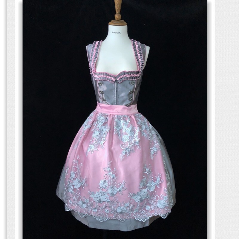 Gray Pink Dirndl Oktoberfest Lace Up Dress Size 34 Ruffle Plaid Apron Beer F96