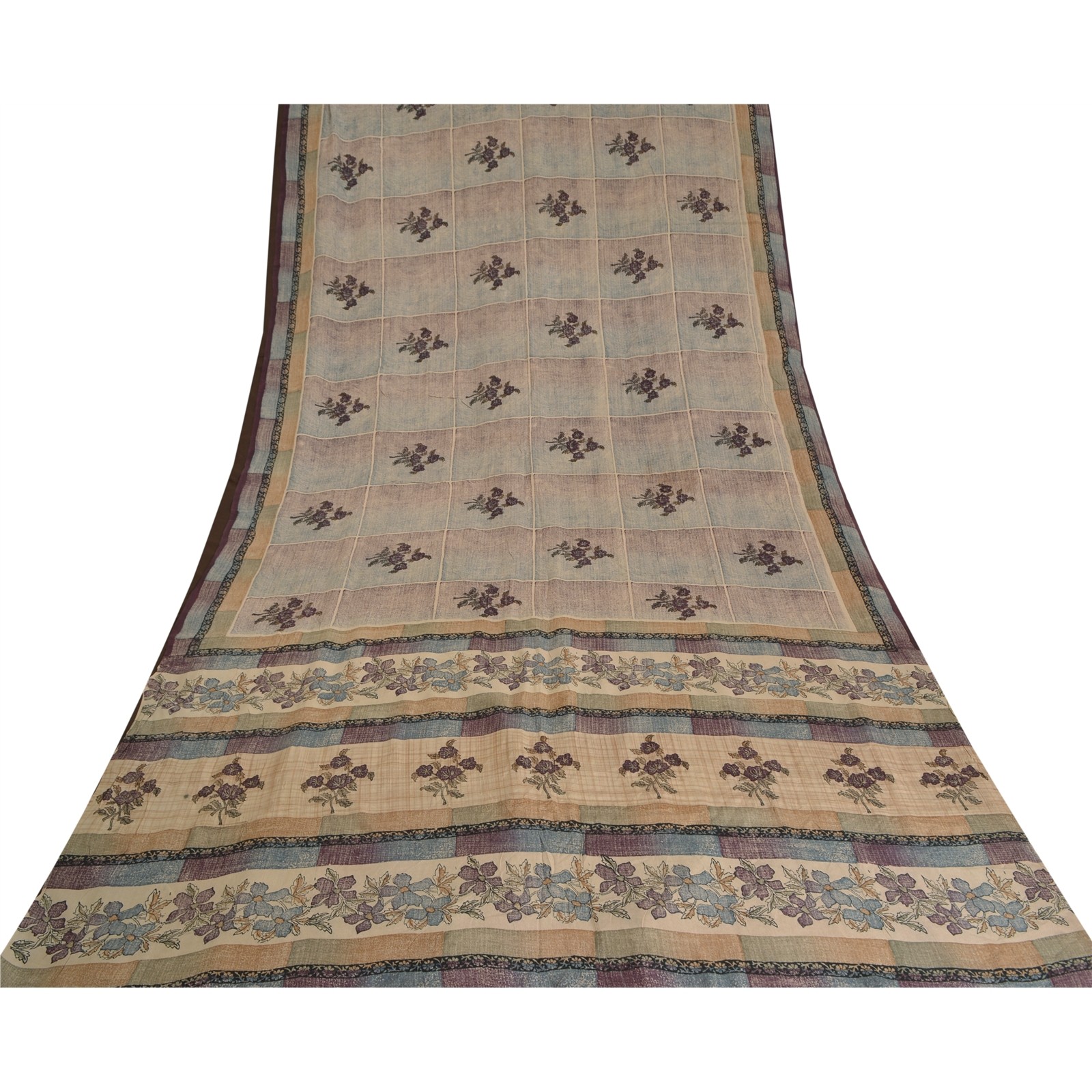 Sanskriti Vintage Sarees Pale-Cream Pure Crepe Silk Printed Sari Craft Fabric