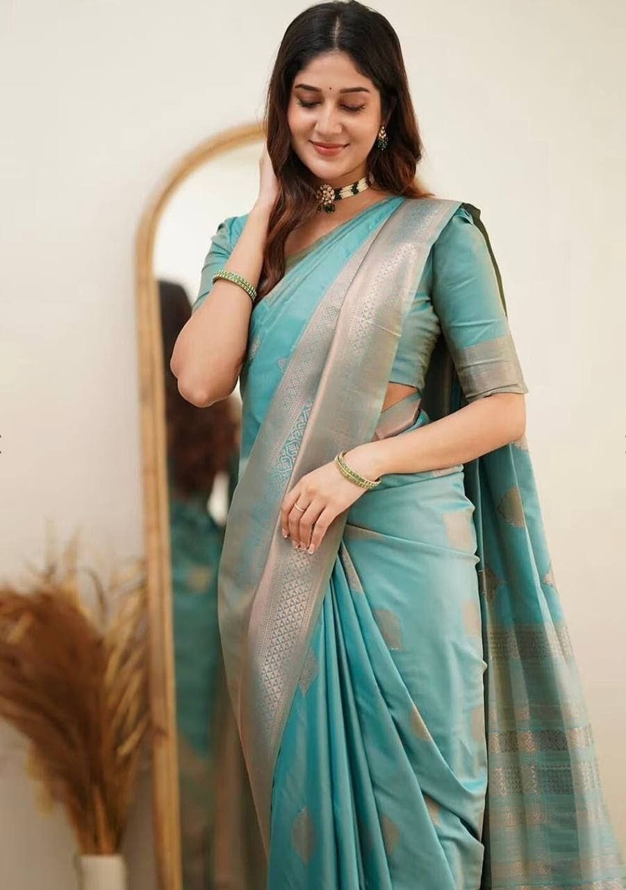 South Indian Soft Lichi Silk Saree Jacquard Weave Temple Border Sari Blouse