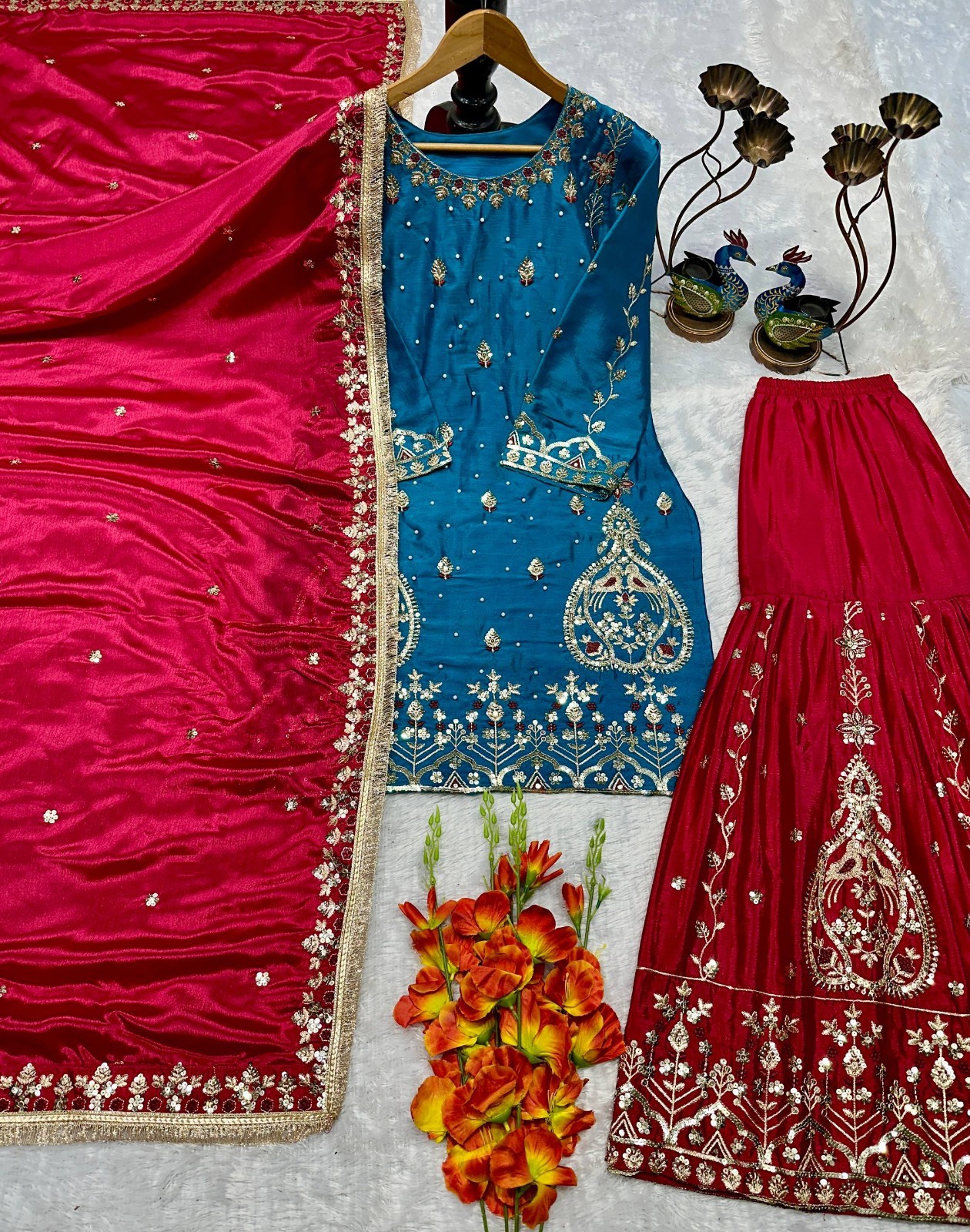 Designer Heavy Chinon Silk Blue Top Palazzo With Dupatta For Wedding Wear