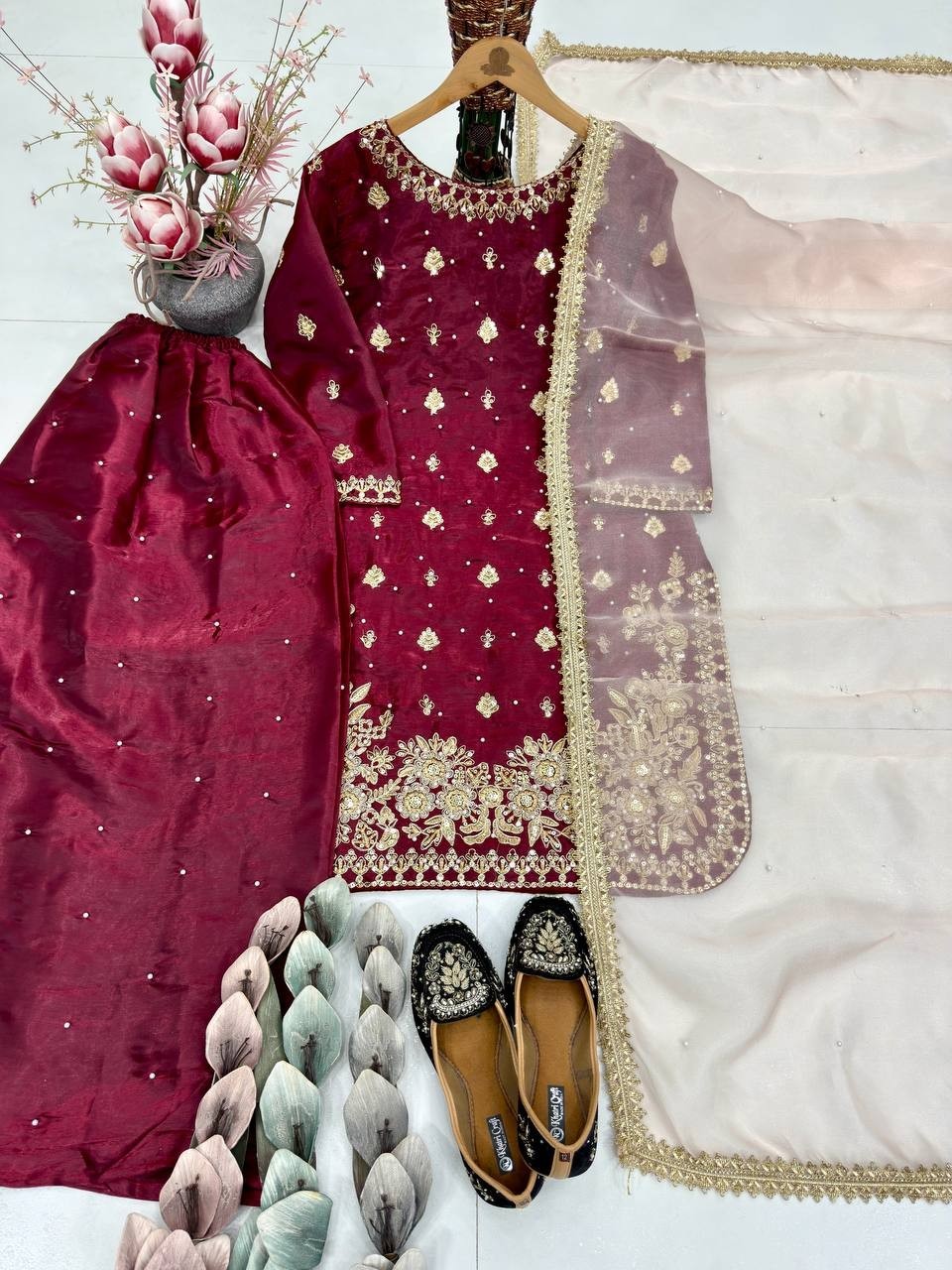 Wedding Wear Maroon Moss Satin Salwar Kameez With Dupatta For Women & Girls