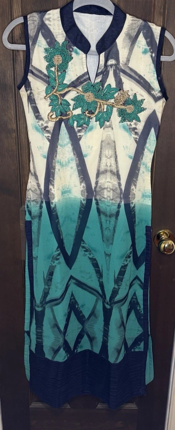 Handmade Teal Ombre Kurti Set 3pc Dupatta Chiffon Bead Floral Tunic Small 47″