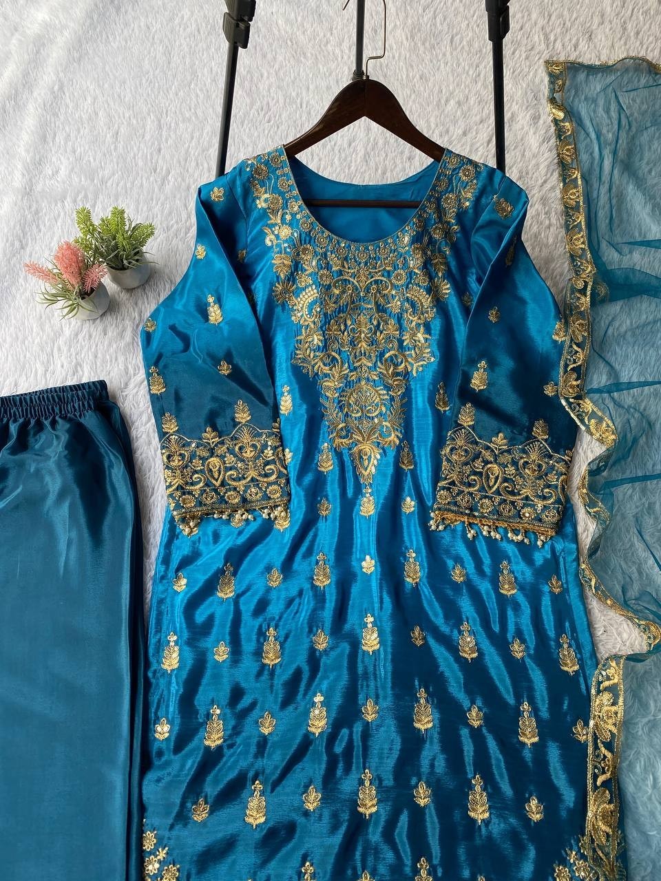 Attractive Designer Chinnon Silk Kurta Palazzo With Net Dupatta For Women