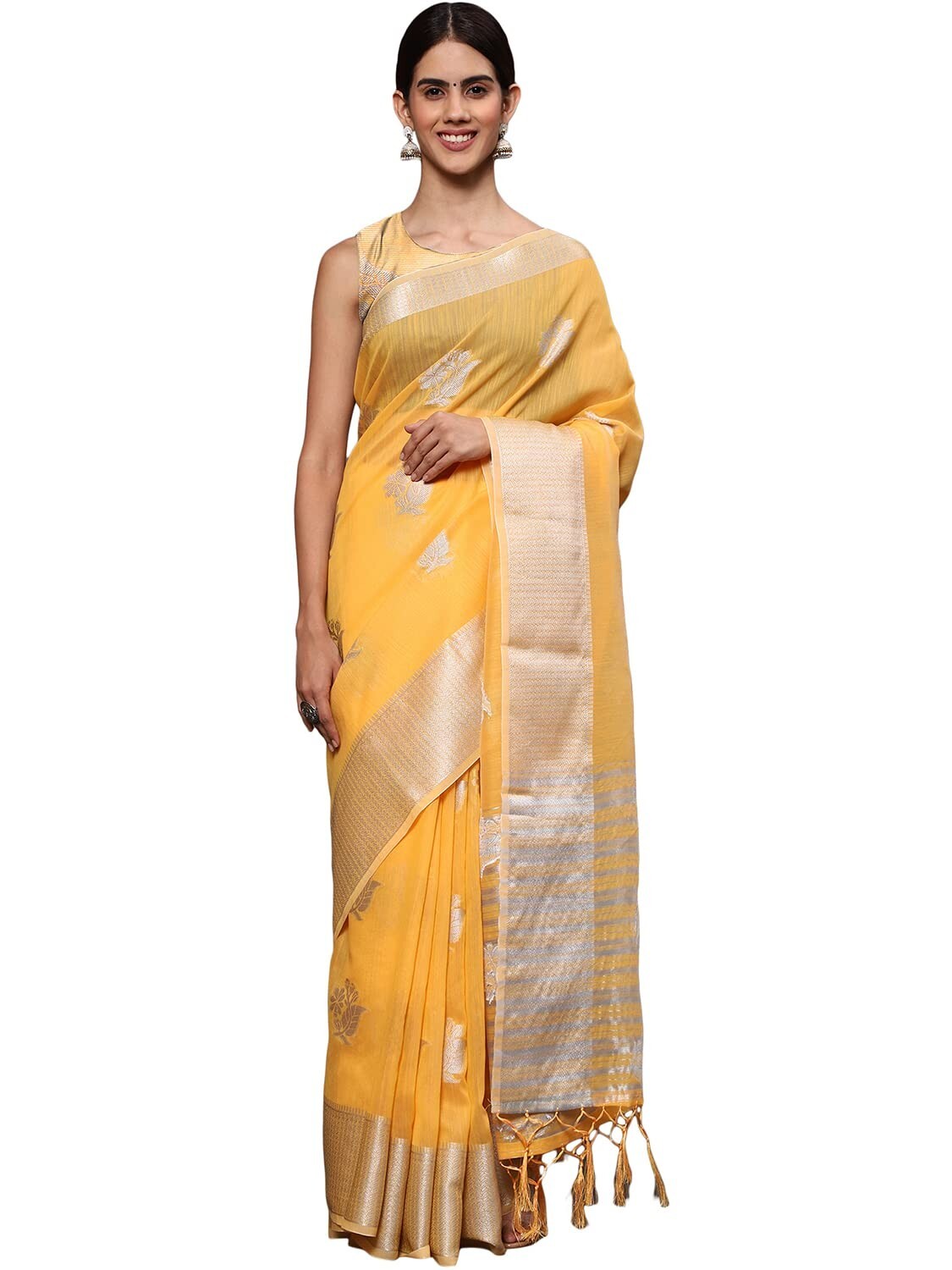 Women’s Linen Tissue Silk Silver Zari Floral Motifs Jacquard Banarasi Saree