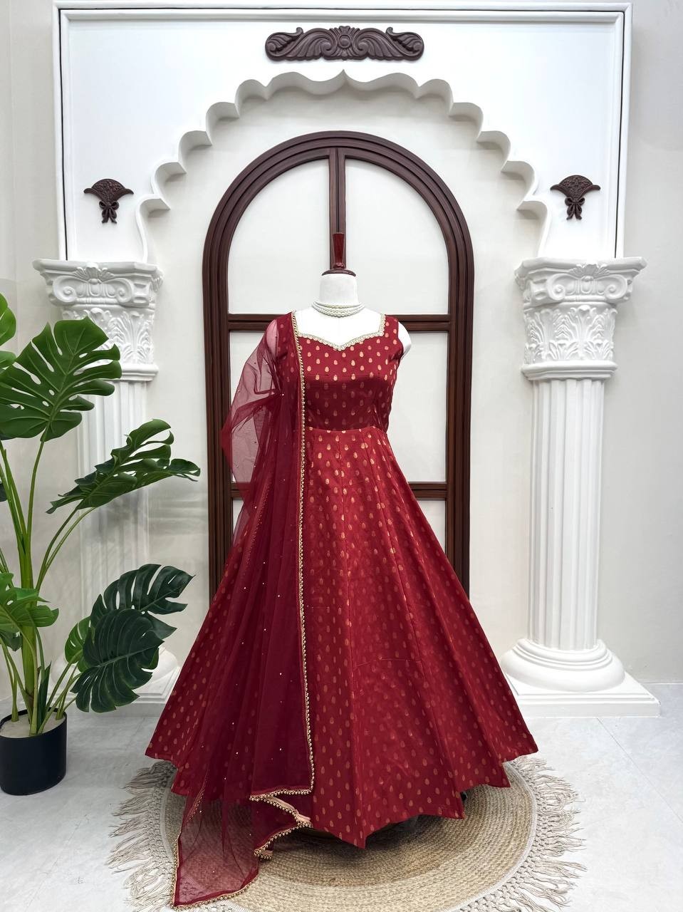 Stylish Chanderi Jacquard Butti Maroon Gown Bottom With Dupatta For Women Wear