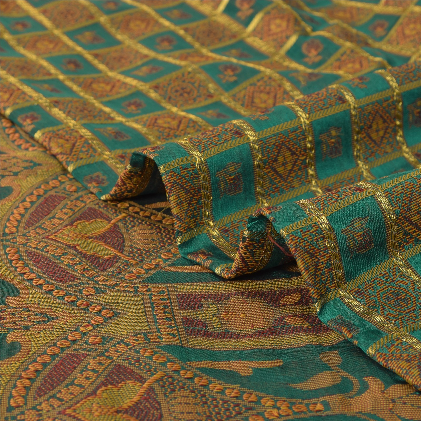 Sanskriti Vintage Rama Green Sarees Artificial Silk Hand- Woven Sari Fabric