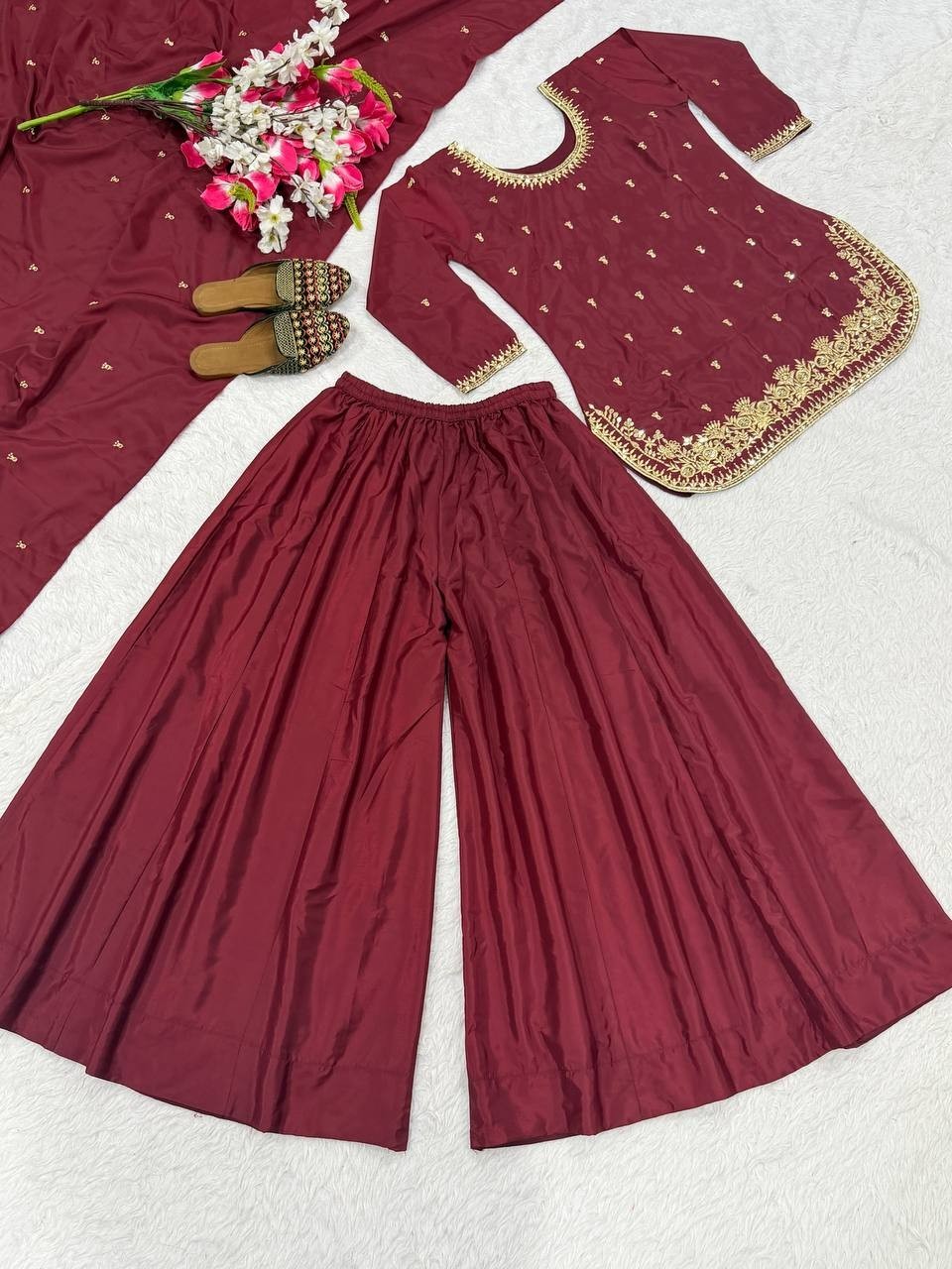 Latest Natural Crepe Silk Maroon Top Palazzo With Dupatta For Reception Wear