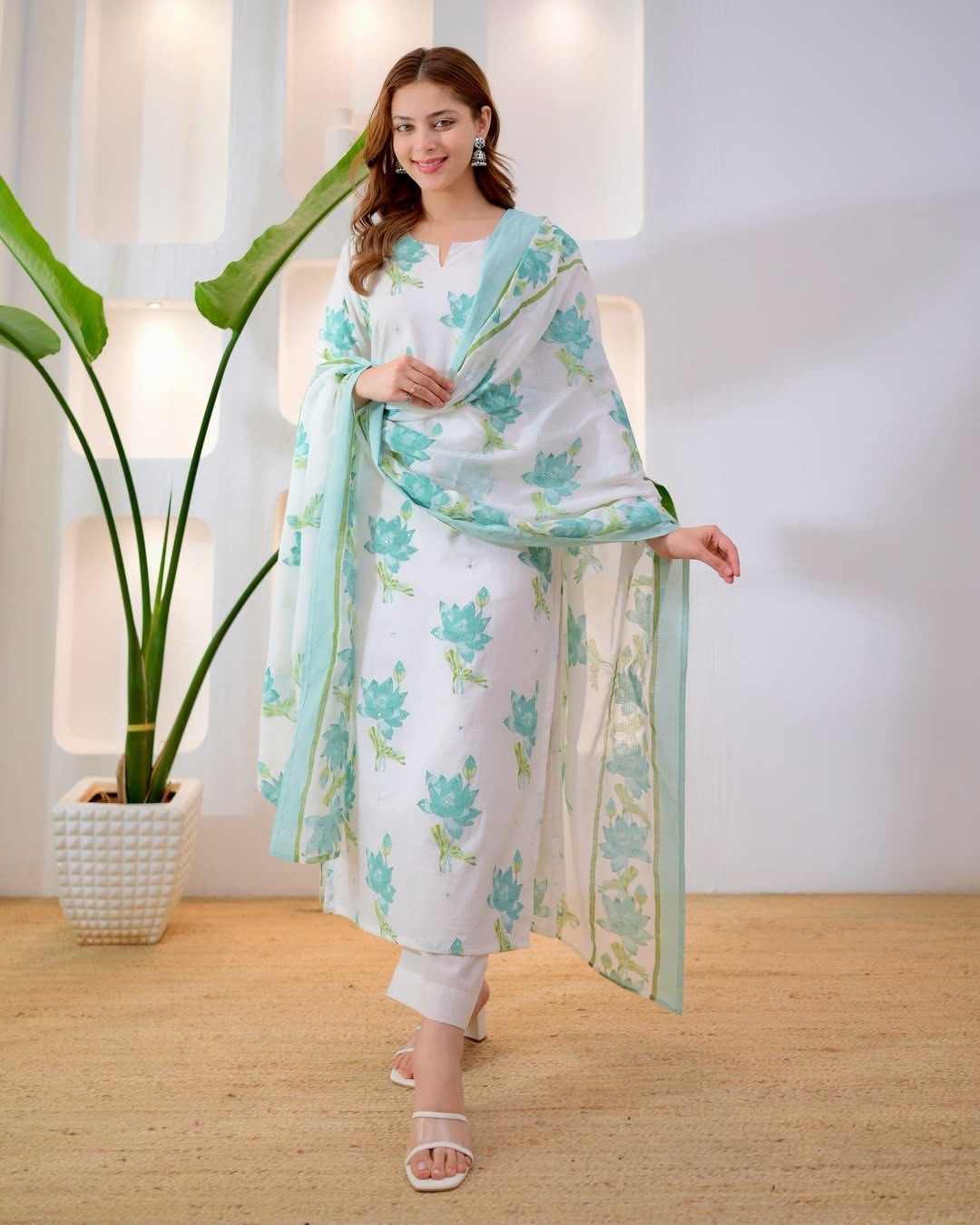 Beautiful Cotton Kurti Pant Dupatta Set Indian Bollywood Top Tunic Kurta Set