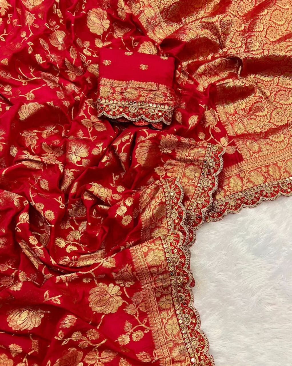 complete khadi georgette light wait saree heavy work in border with blouse same.
