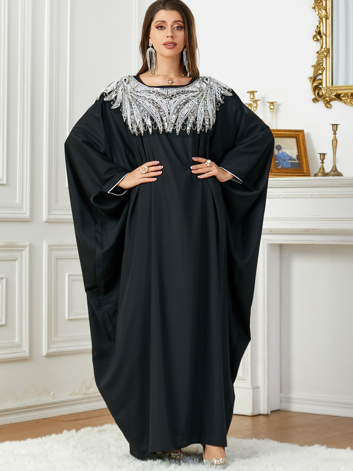 Dubai Gown Beaded Sequin Abaya Black Loose Dress Arab Bat Sleeved Muslim Robe